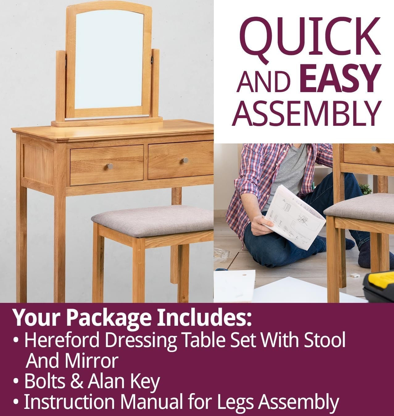Light Oak Dressing Table Vanity Set Mirror Stool 2 Drawer Storage Bedroom