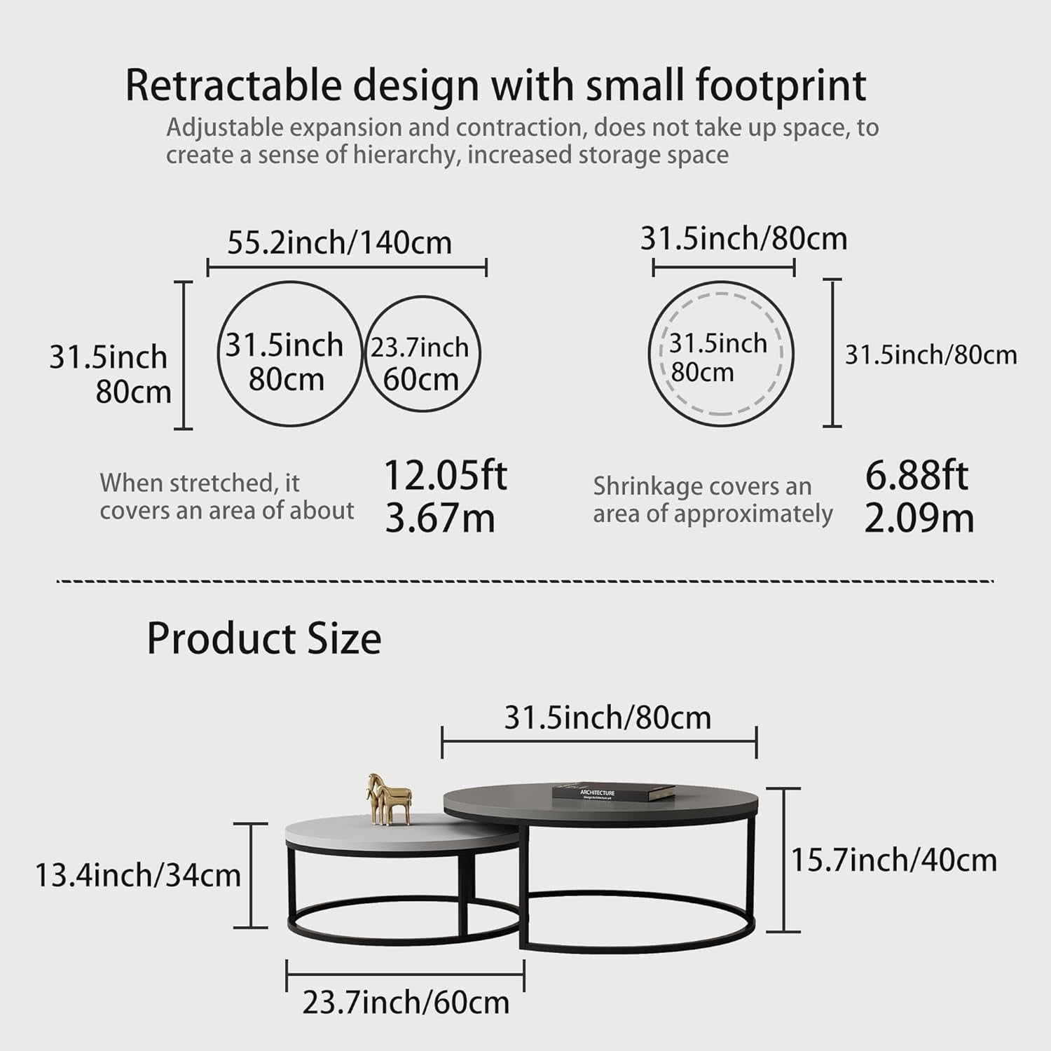 Round Nesting Coffee Table Set of 2 Dark/Light Grey Wood Top Metal Frame