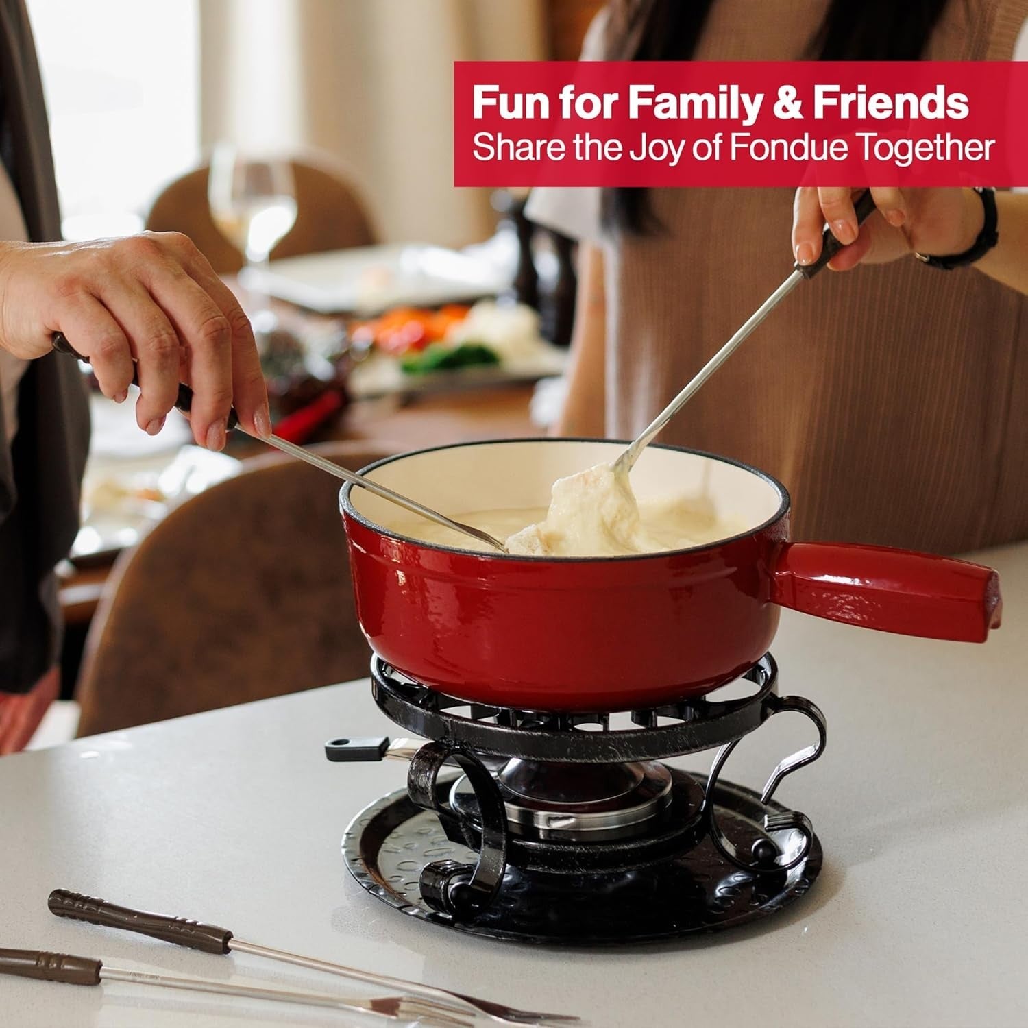 Cast Iron Fondue Set 9 Piece Cheese Chocolate Pot Red 2L Oven Safe