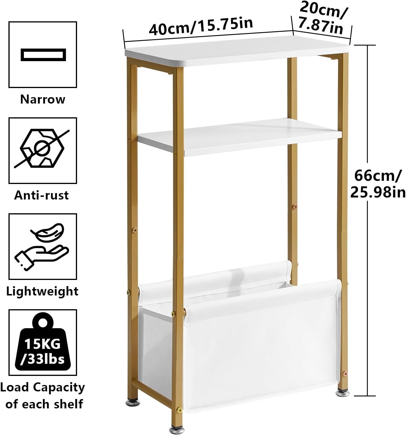 Slim White & Gold 3-Tier Side Table with Storage Basket – Narrow Bedside/End Tab