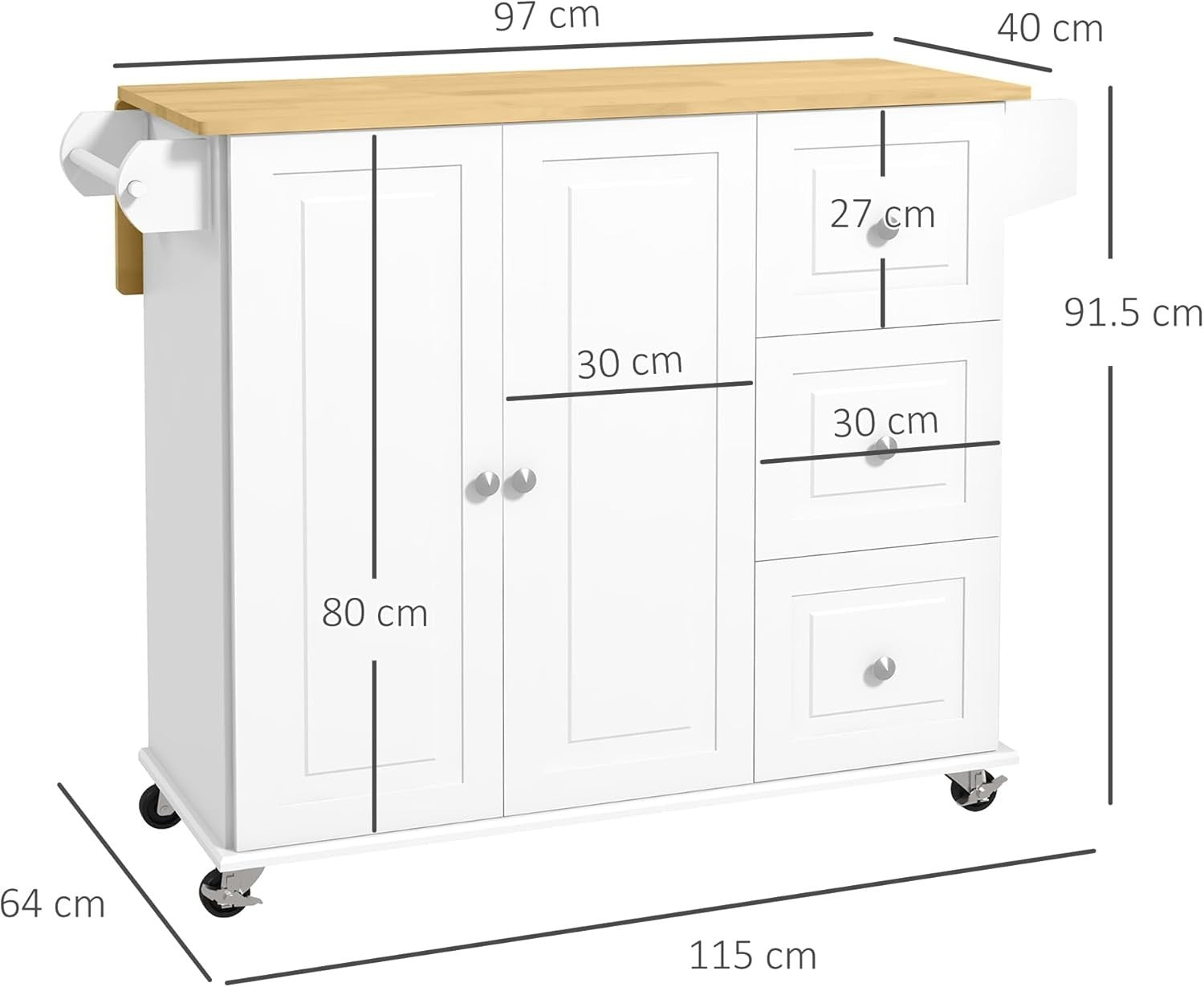 Rolling Kitchen Island Cart with Drop Leaf, 3 Drawers & Spice Rack, White