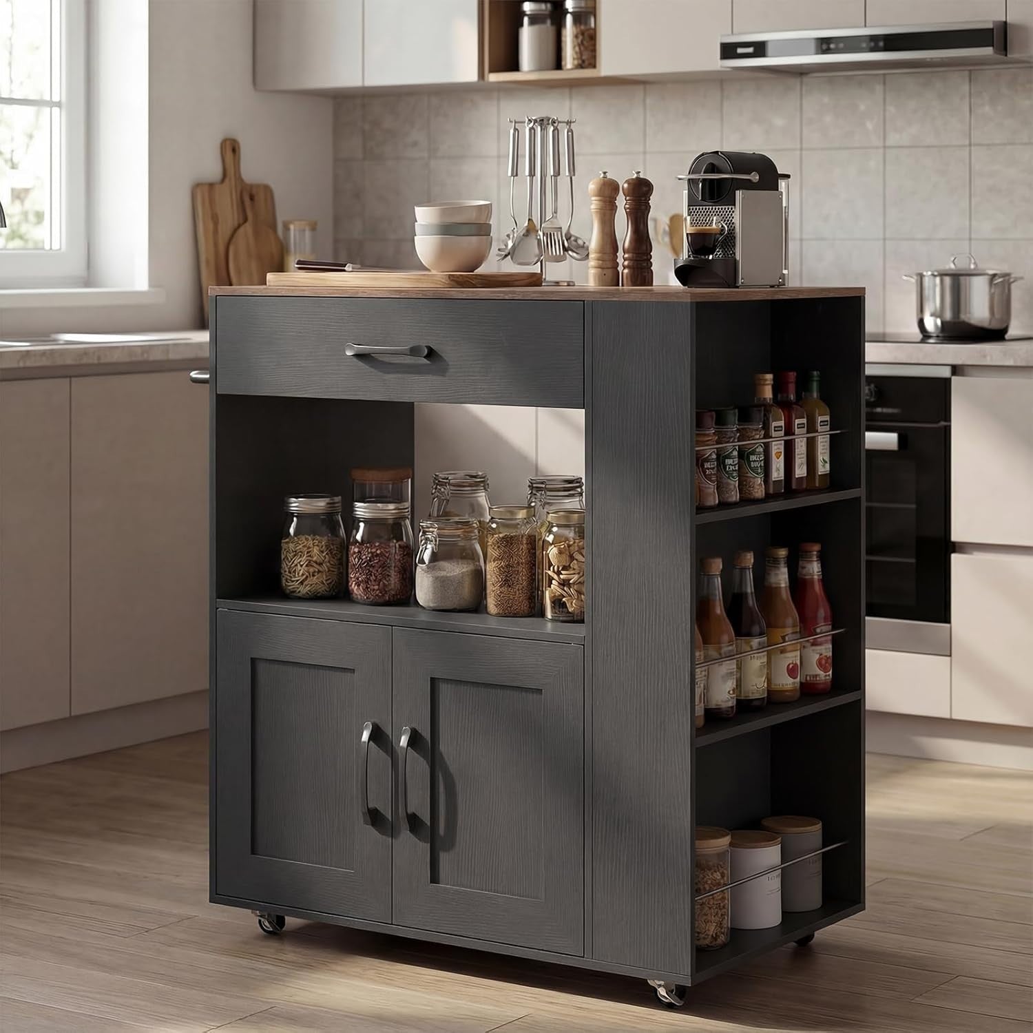 Kitchen Island Trolley Cabinet with Spice Rack Black