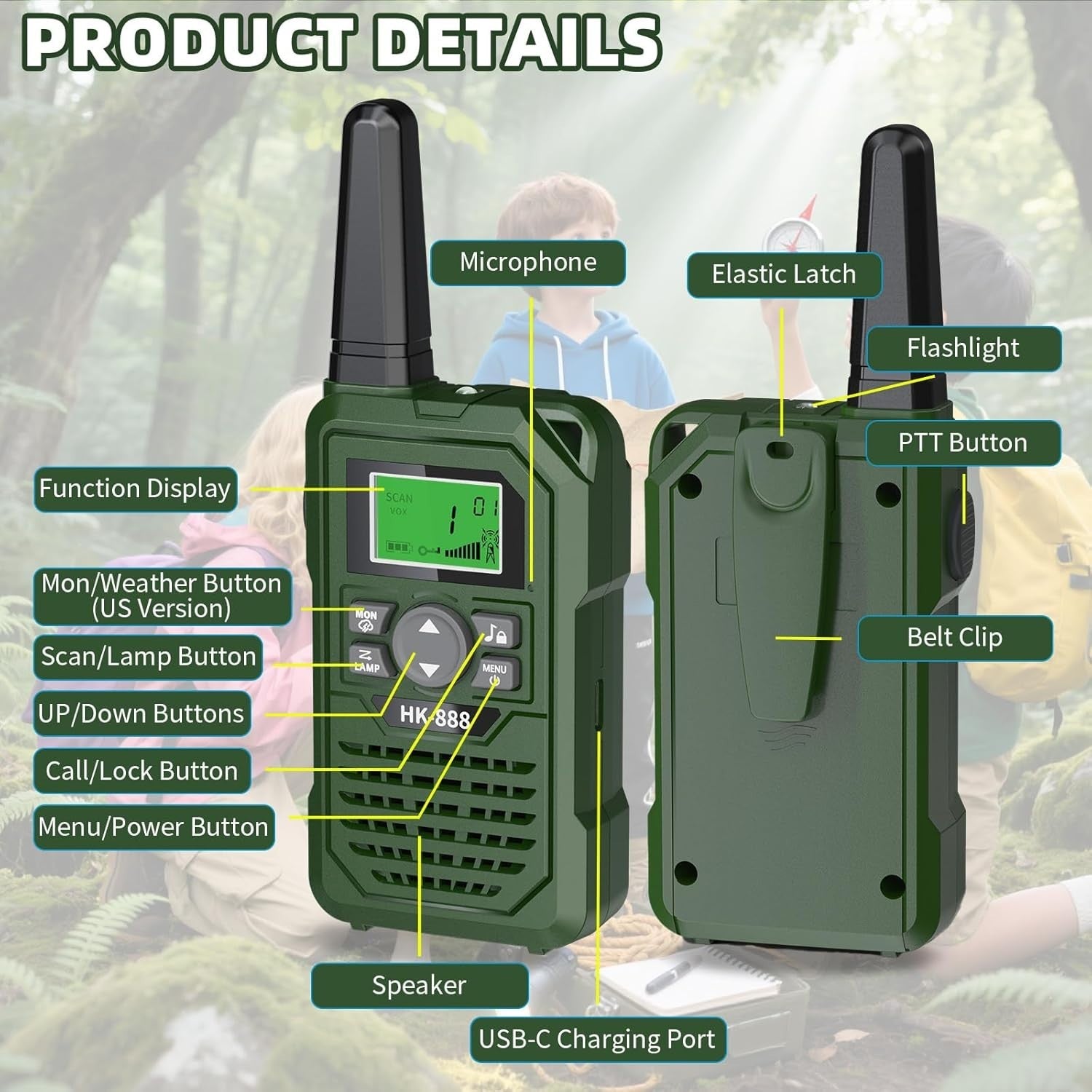 Kids Walkie Talkies 2 Pack Rechargeable 3KM Long Range 8 Channel Green
