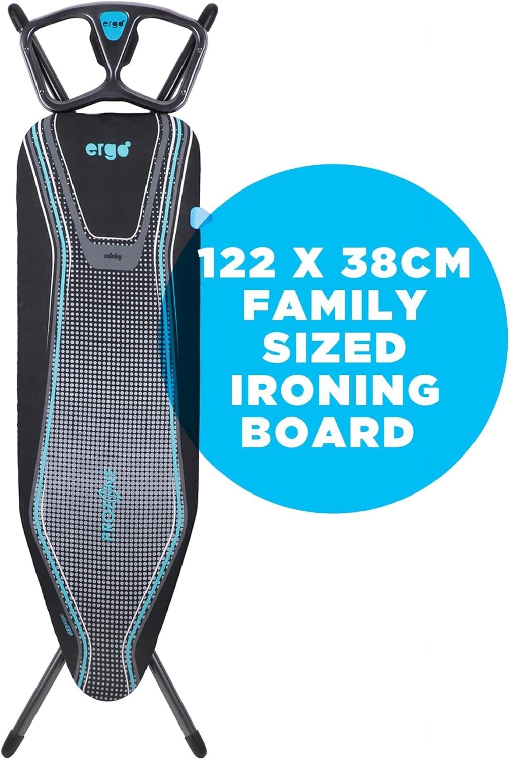 Ergonomic Ironing Board 122x38cm Adjustable Height Prozone Steam