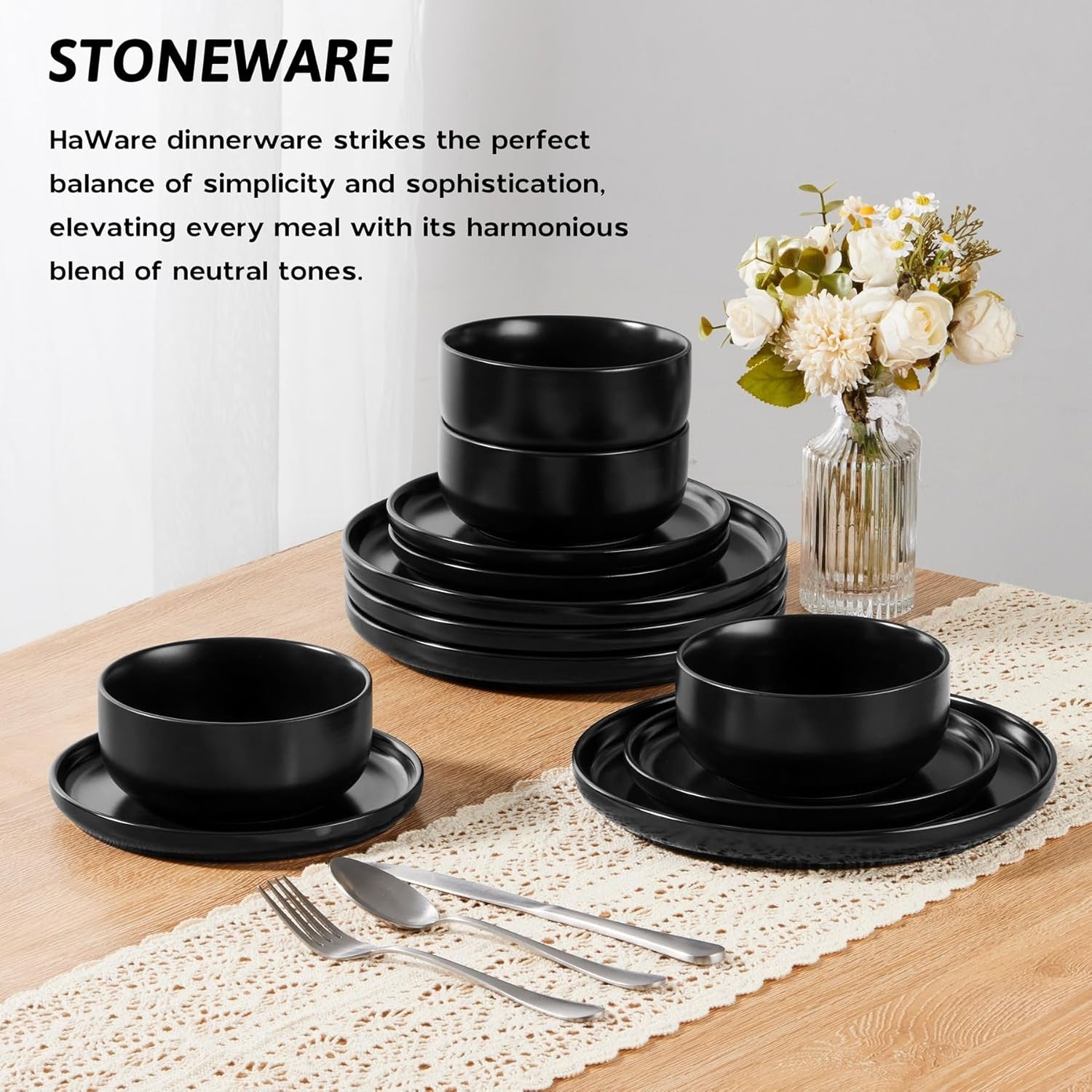 12pc Stoneware Dinner Set Matte Black Plates Bowls Microwave Safe