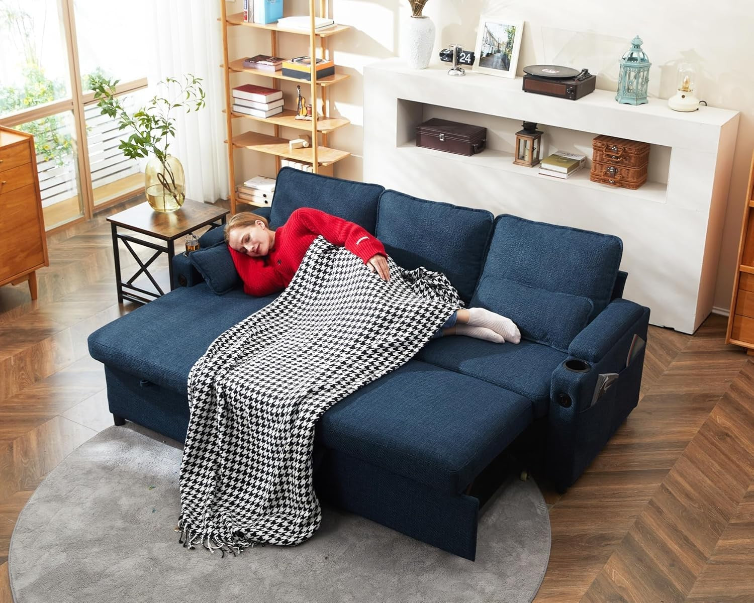 Pull Out Blue L Shape Sectional Sofa Bed with USB -  Cup Holder & Storage