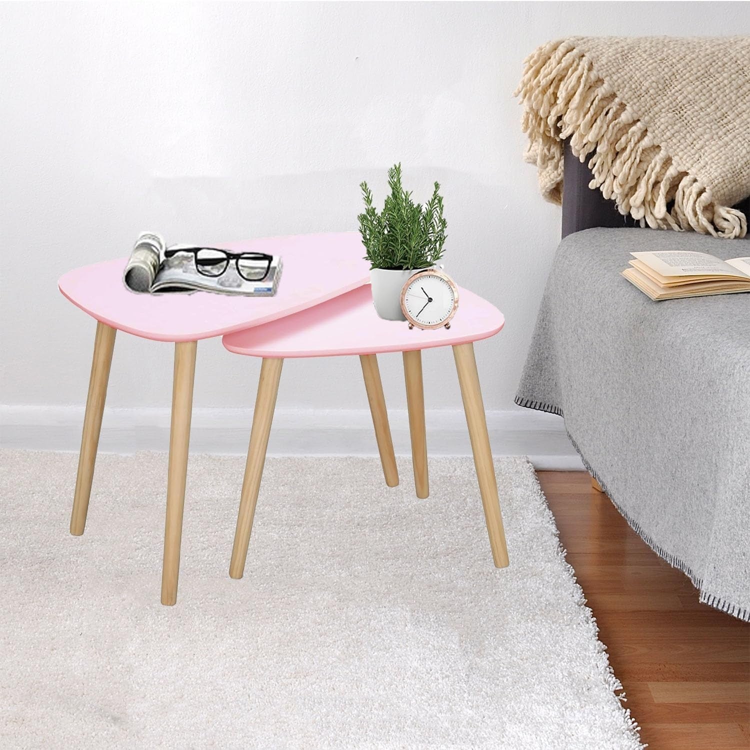 Space Saving Nesting Coffee Tables Set of 2 Blush Wood Side End Nightstand