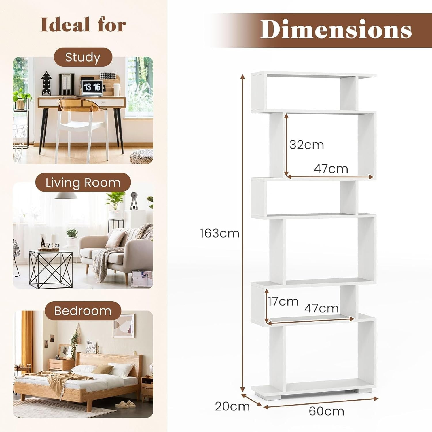 6-Tier S-Shaped Bookshelf Ladder Shelf with Anti-Tip Kits, White, Tall Storage