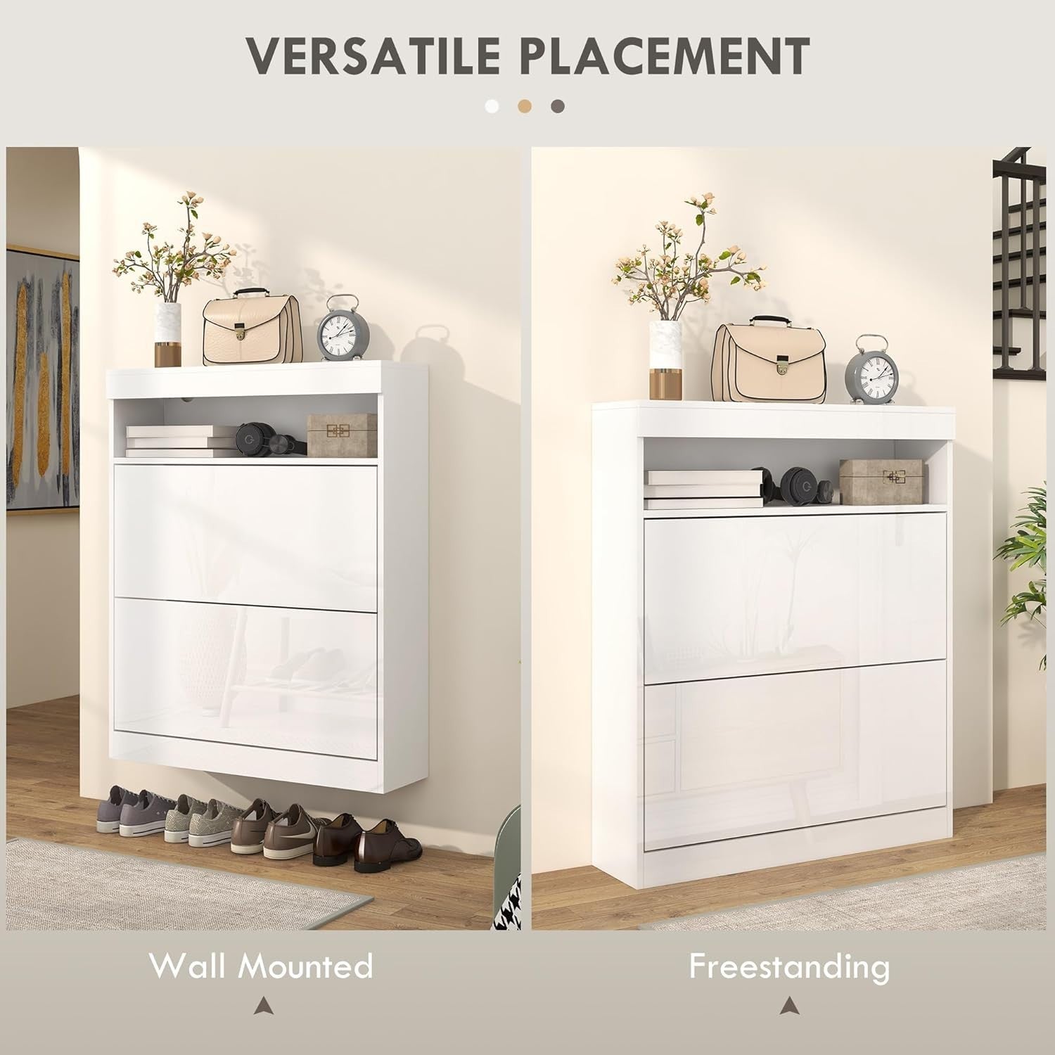 Slim Shoe Cabinet 12-16 Pair Storage with Flip Drawers & Adjustable Shelves