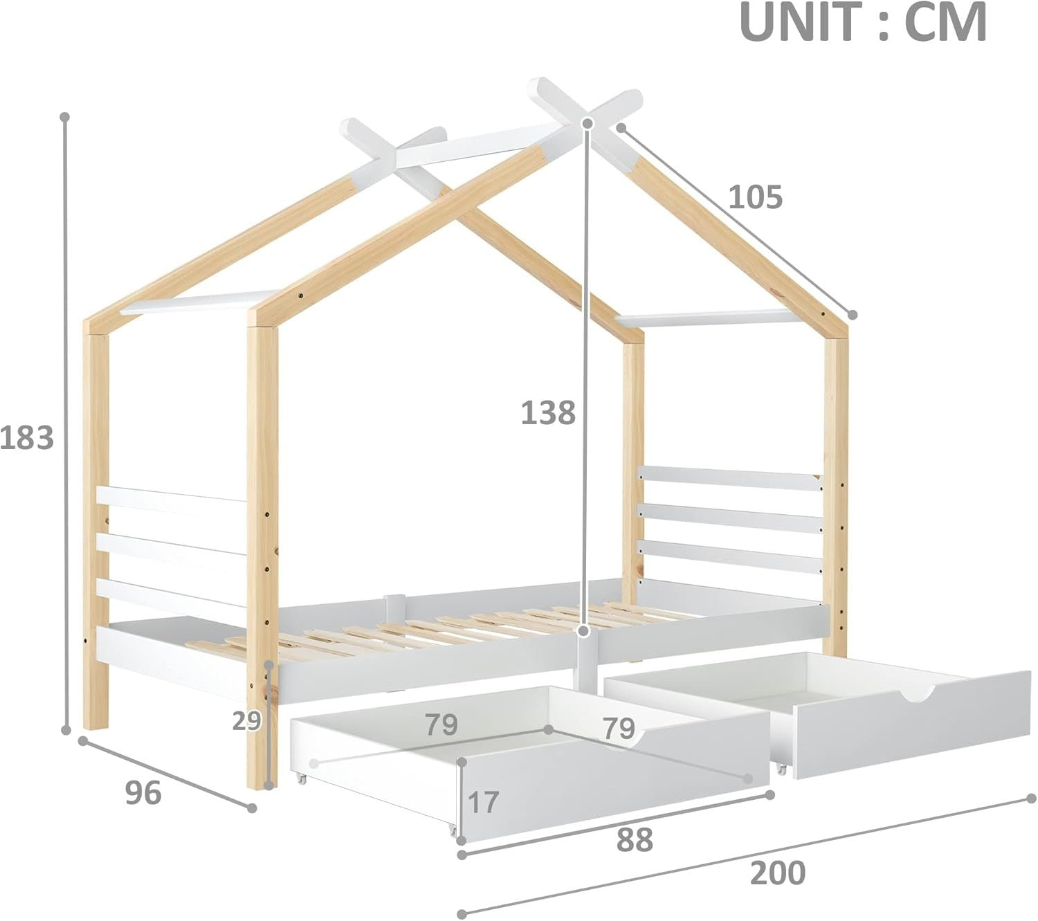 3FT Kids Canopy Bed Frame with Storage Drawer, Solid Wood House Bed