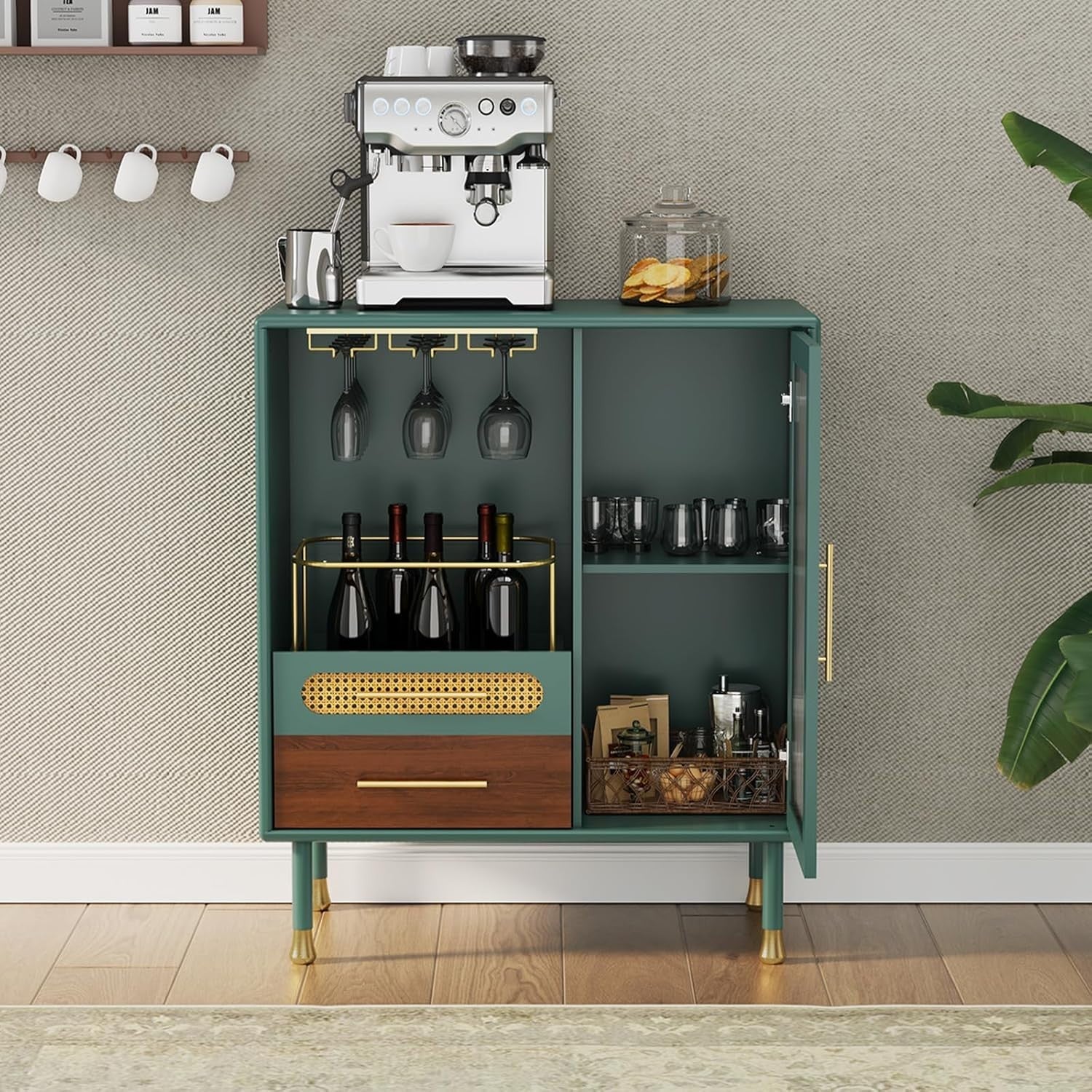 Green Drinks Cabinet with Wine Glass Racks & 2 Drawers – Modern Home Bar Storage