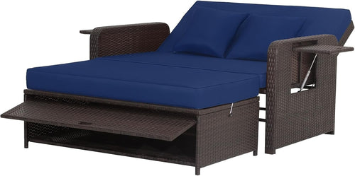 Navy+Brown 2-Seater Rattan Daybed Outdoor with Adjustable Back & Ottoman