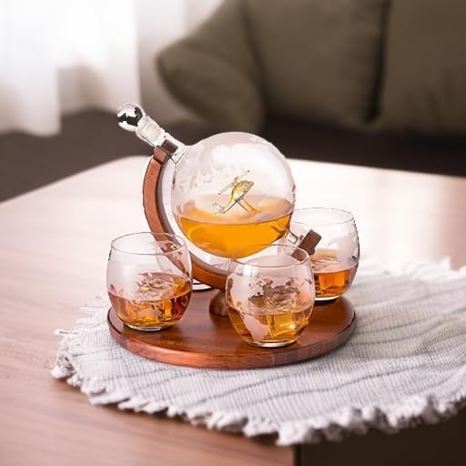 Helicopter Whiskey Decanter Set with 4 Glasses & Wood Base Globe Bar Gift
