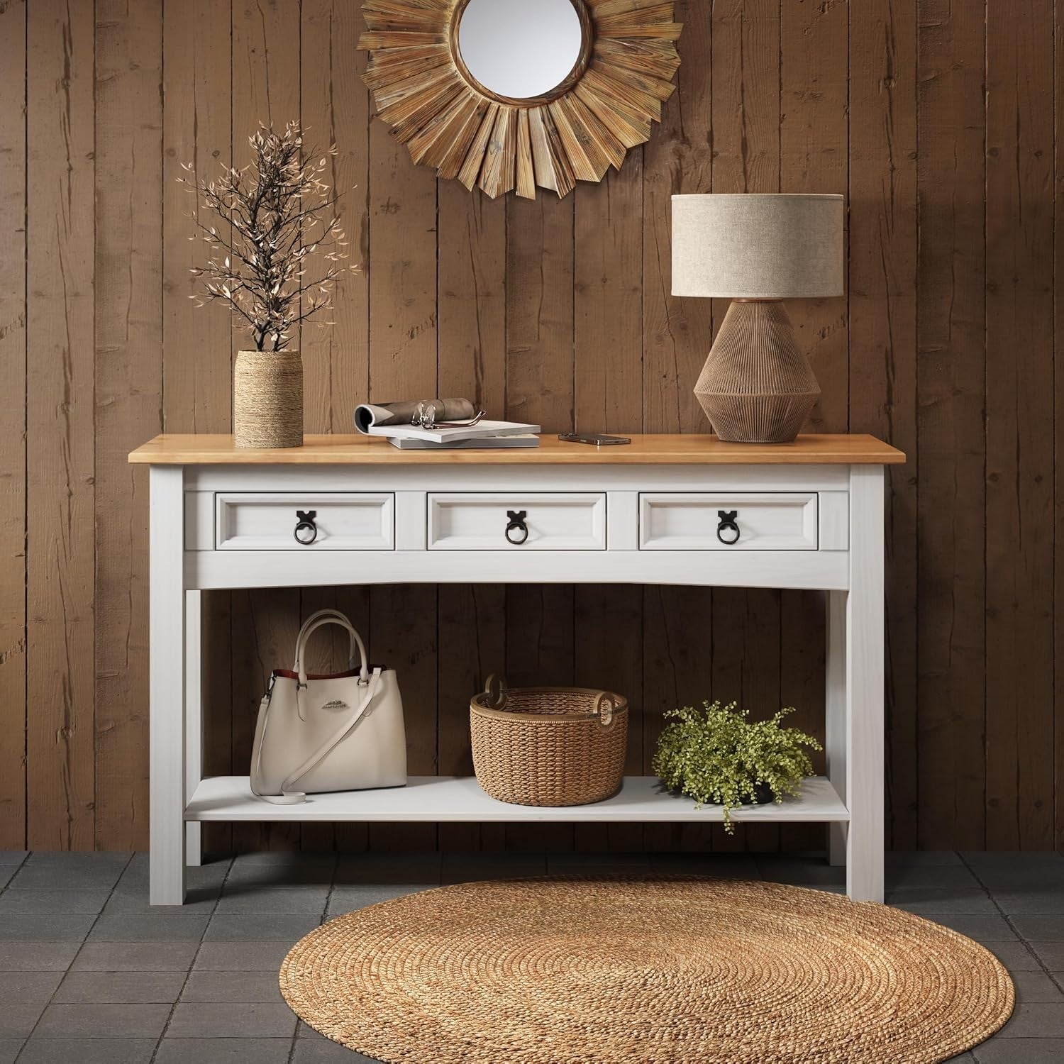 White 3-Drawer Console Table 122x32x73cm Rustic Storage Hall Table