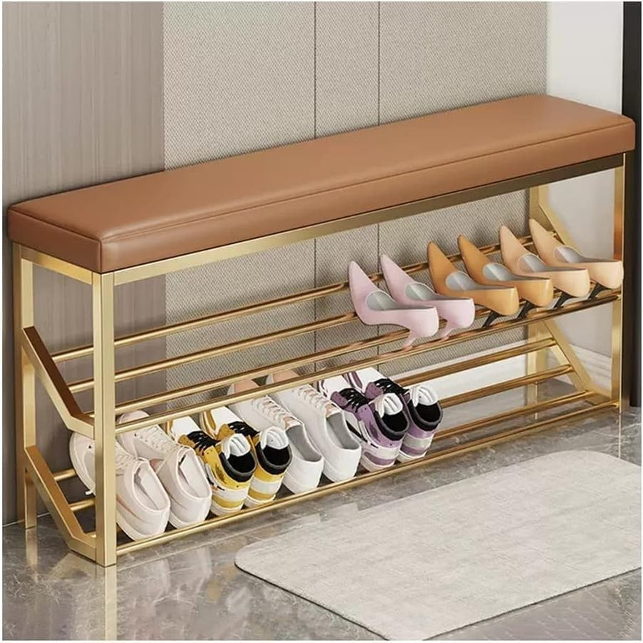 2-Tier Entryway Shoe Bench with Padded Seat & Metal Shoe Storage 100cm