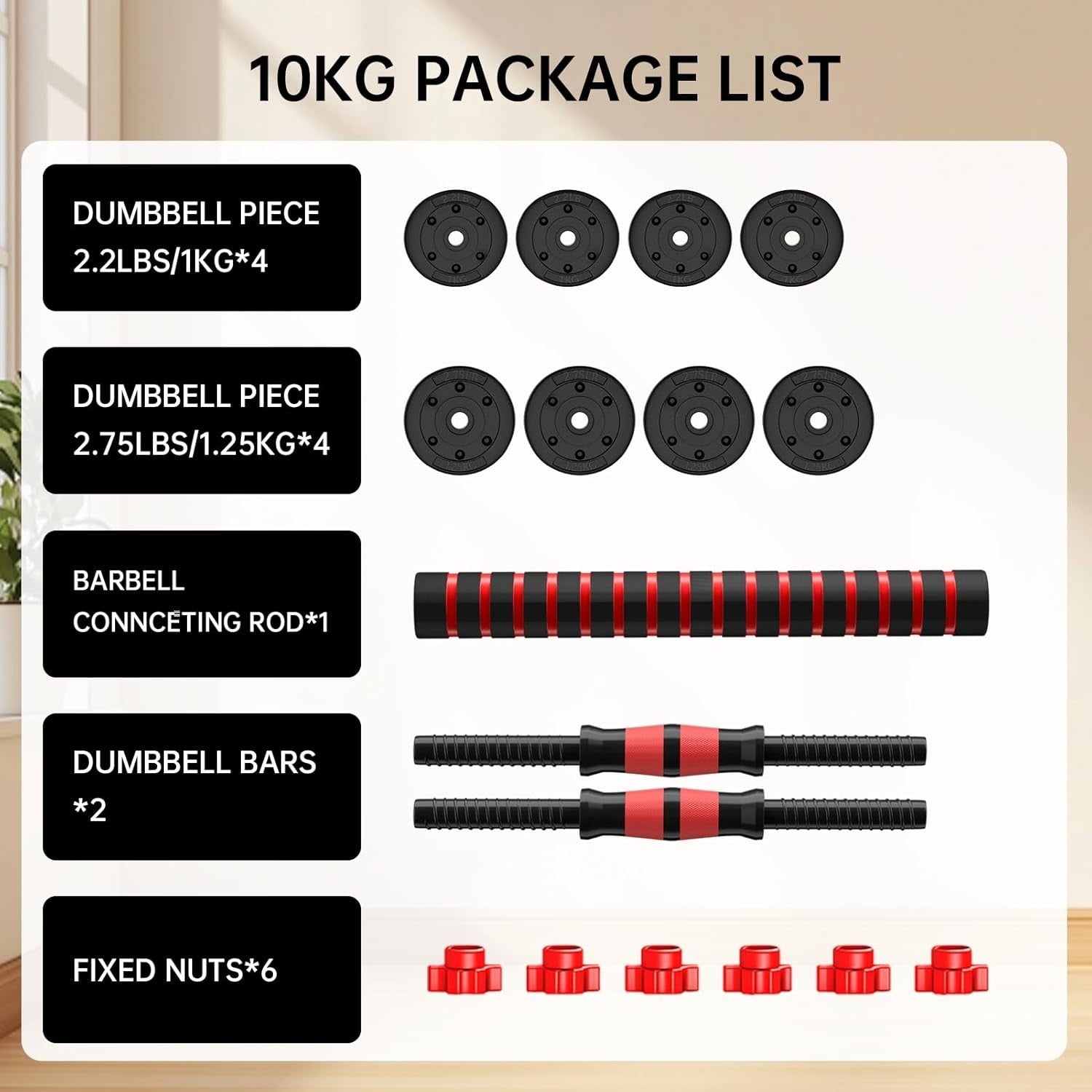 10KG Adjustable Dumbbell & Barbell Set 2-in-1 Home Gym Weights Pair