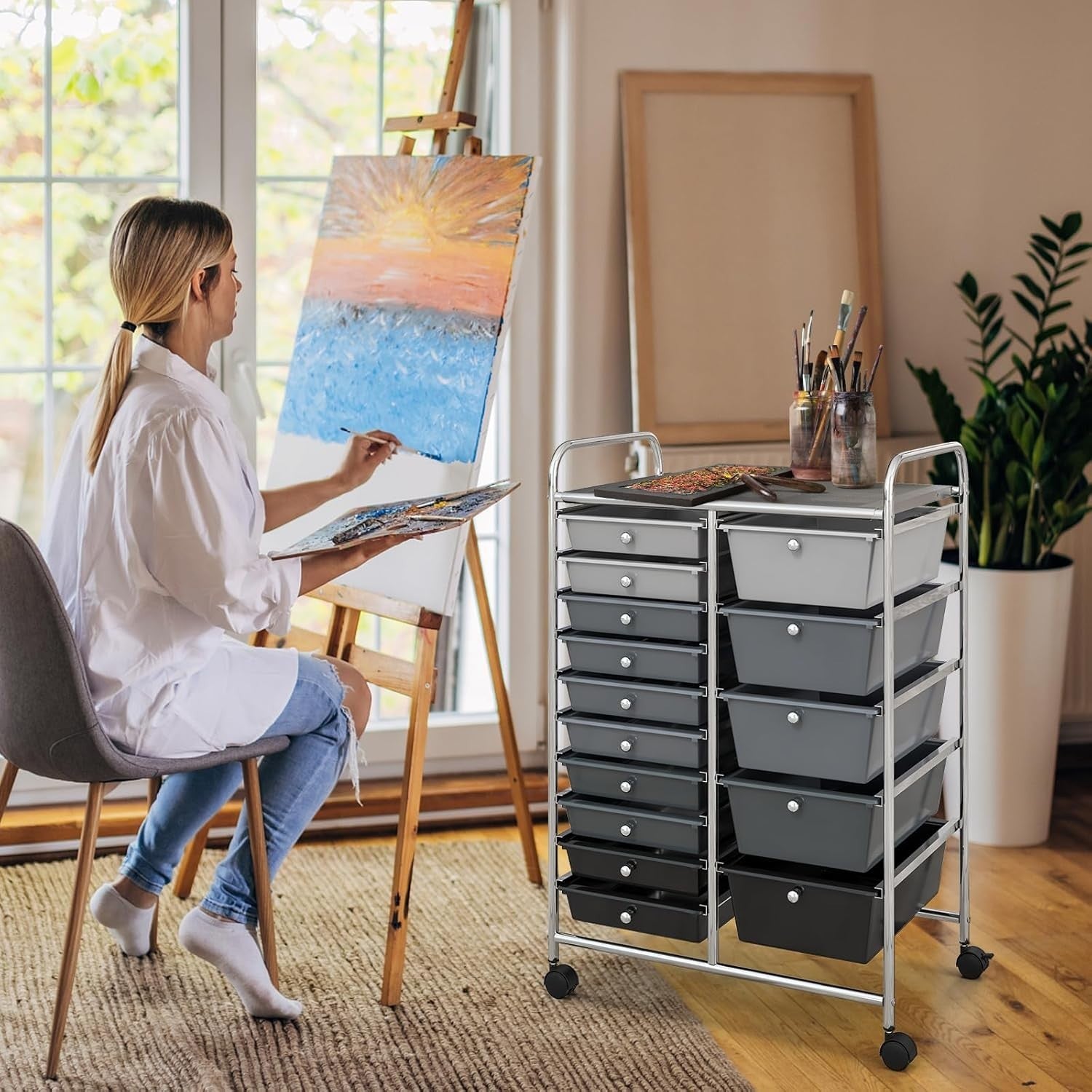 15 Drawer Rolling Storage Trolley Gradient Black Utility Organizer Cart