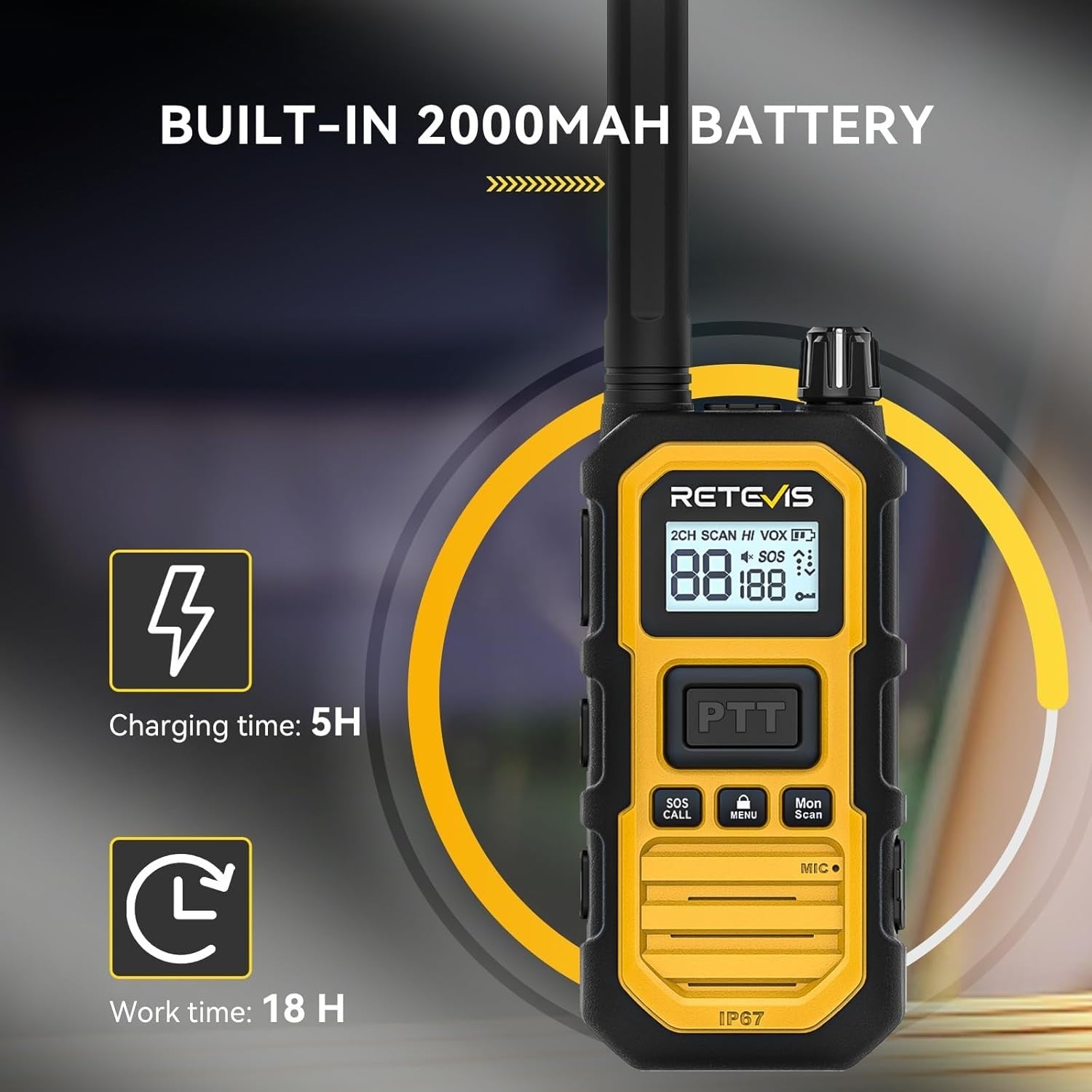 IP67 Waterproof Walkie Talkies 2 Pack 2000mAh SOS Long Range Radio