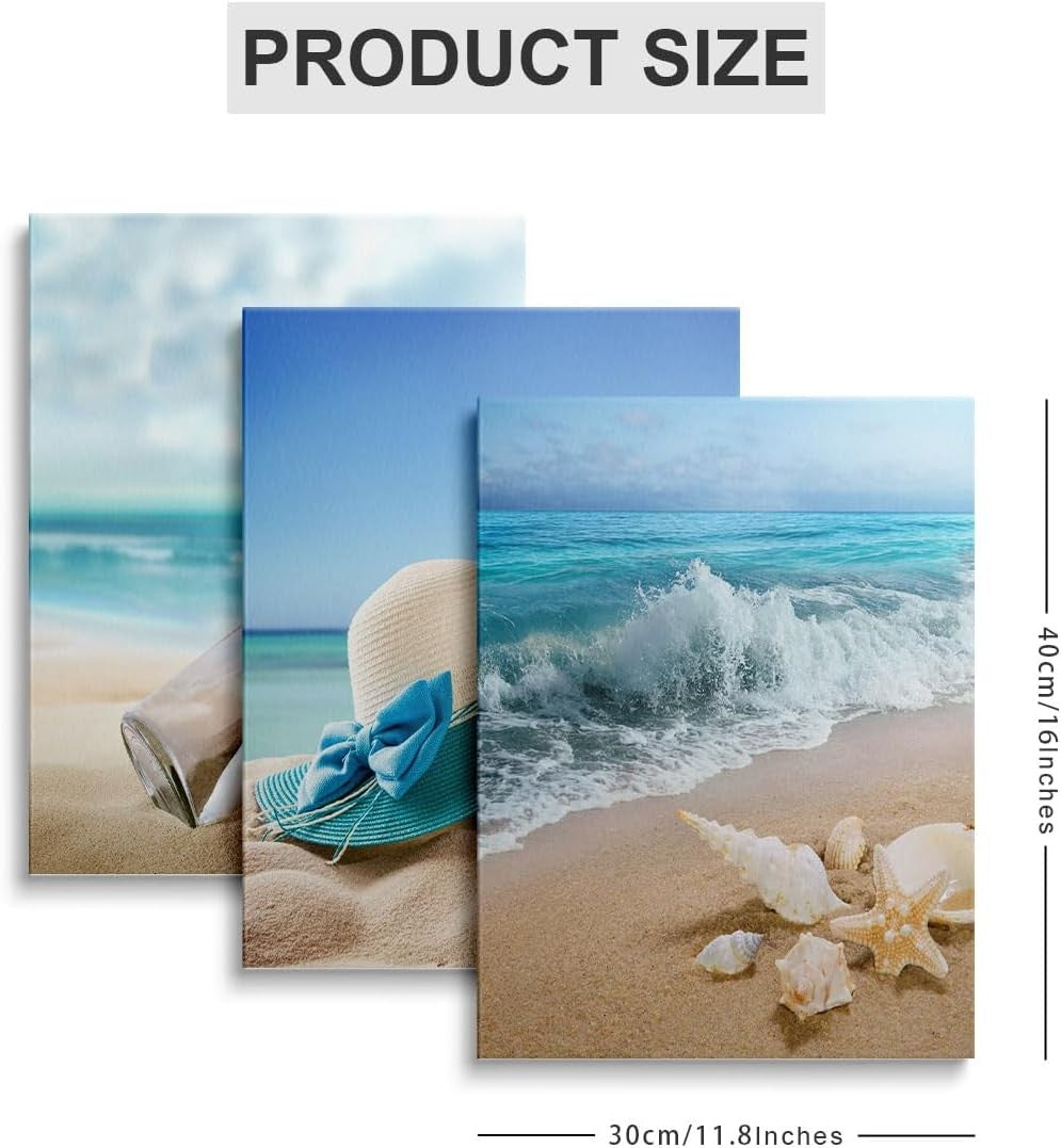 Framed Beach Canvas Wall Art Set of 3 16x12 Coastal Decor