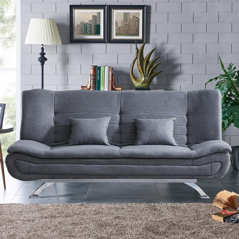 Grey Linen 3 Seater Sofa Bed Double Futon with Pillows, 188cm Convertible