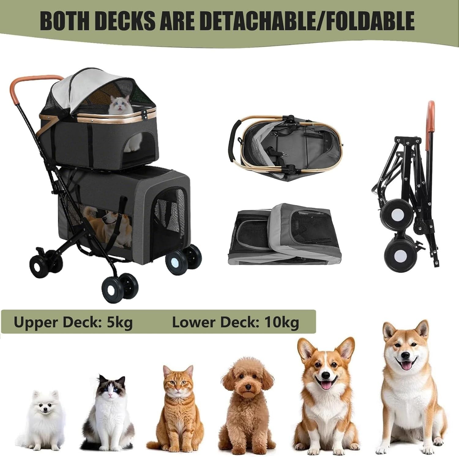 2 Tier Dog Stroller Folding Pet Pushchair 10kg Travel Pram Mesh 4 Wheels