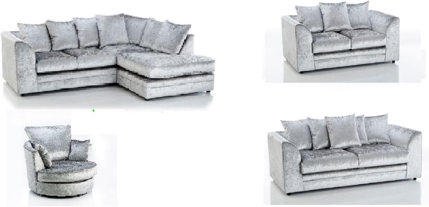 Mink Crushed Velvet Right Hand L Shape Sofa 3 2 Seater with Swivel