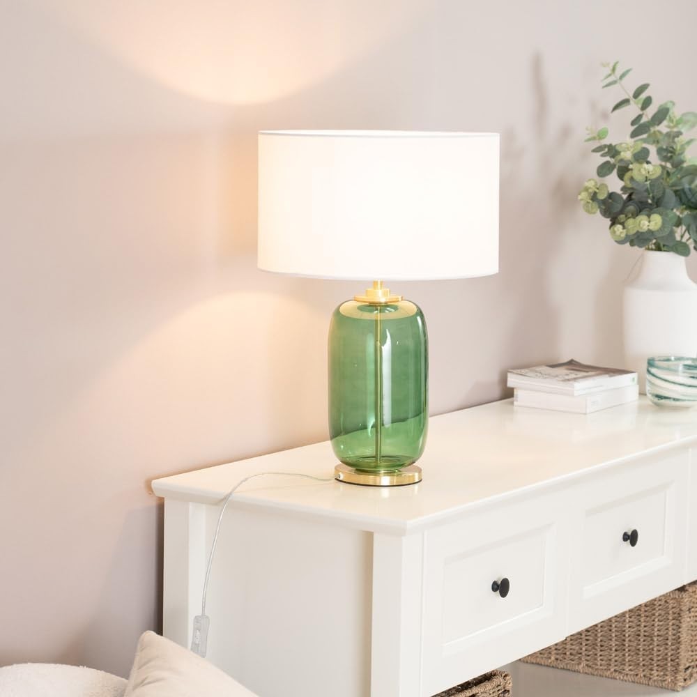Forest Green Glass Table Lamp Gold Detail White Drum Shade LED Light