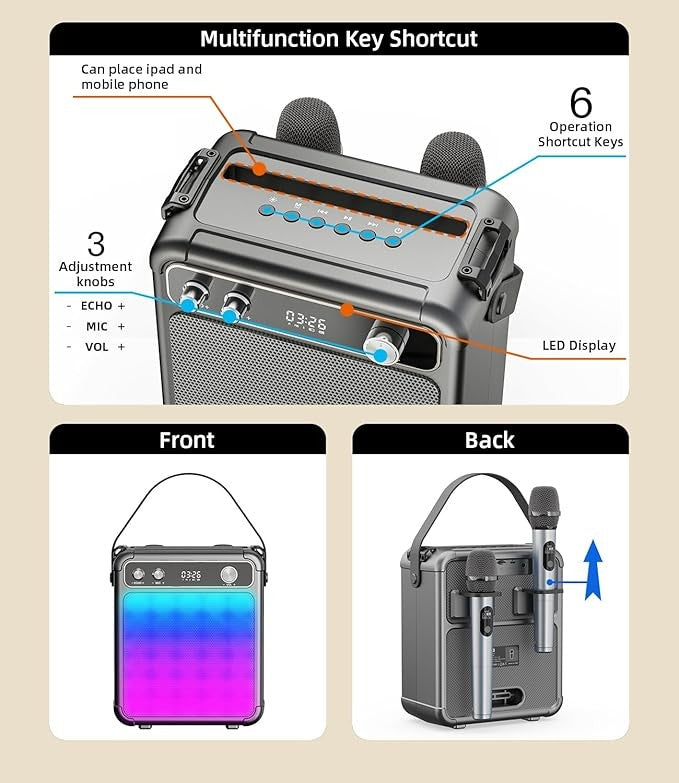 Portable Bluetooth Karaoke Machine with 2 Wireless Mics, LED Lights & Echo