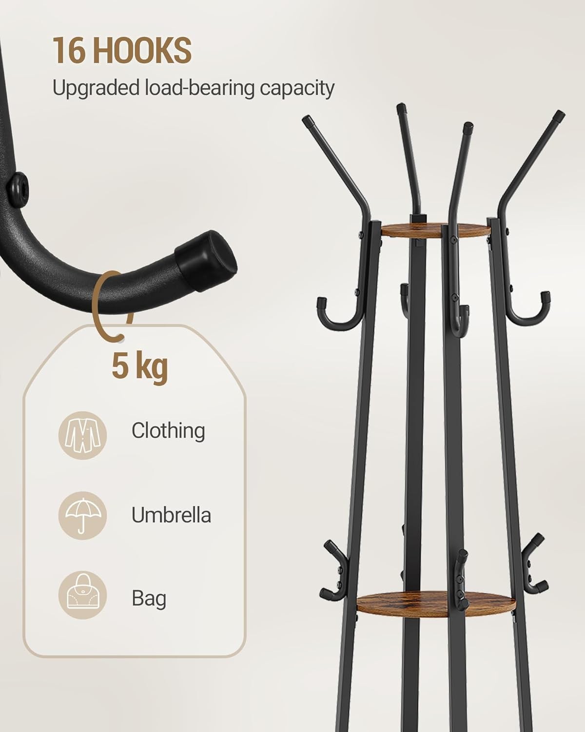 Rustic Brown Coat Rack with 16 Hooks & Shelves Metal Hall Tree Storage Stand