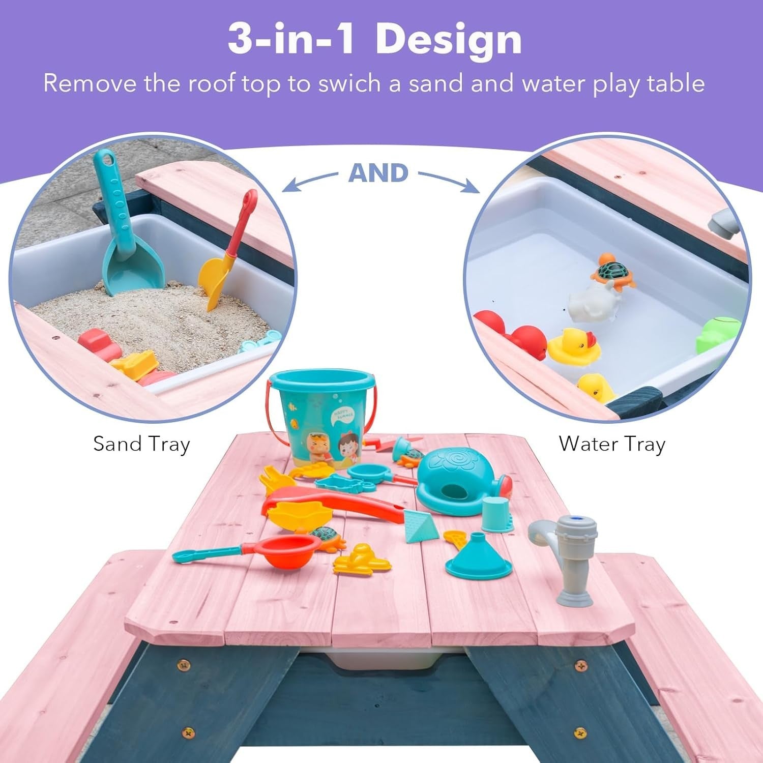 Kids Outdoor Sand & Water Picnic Table with Umbrella | 3-in-1 Wood Play