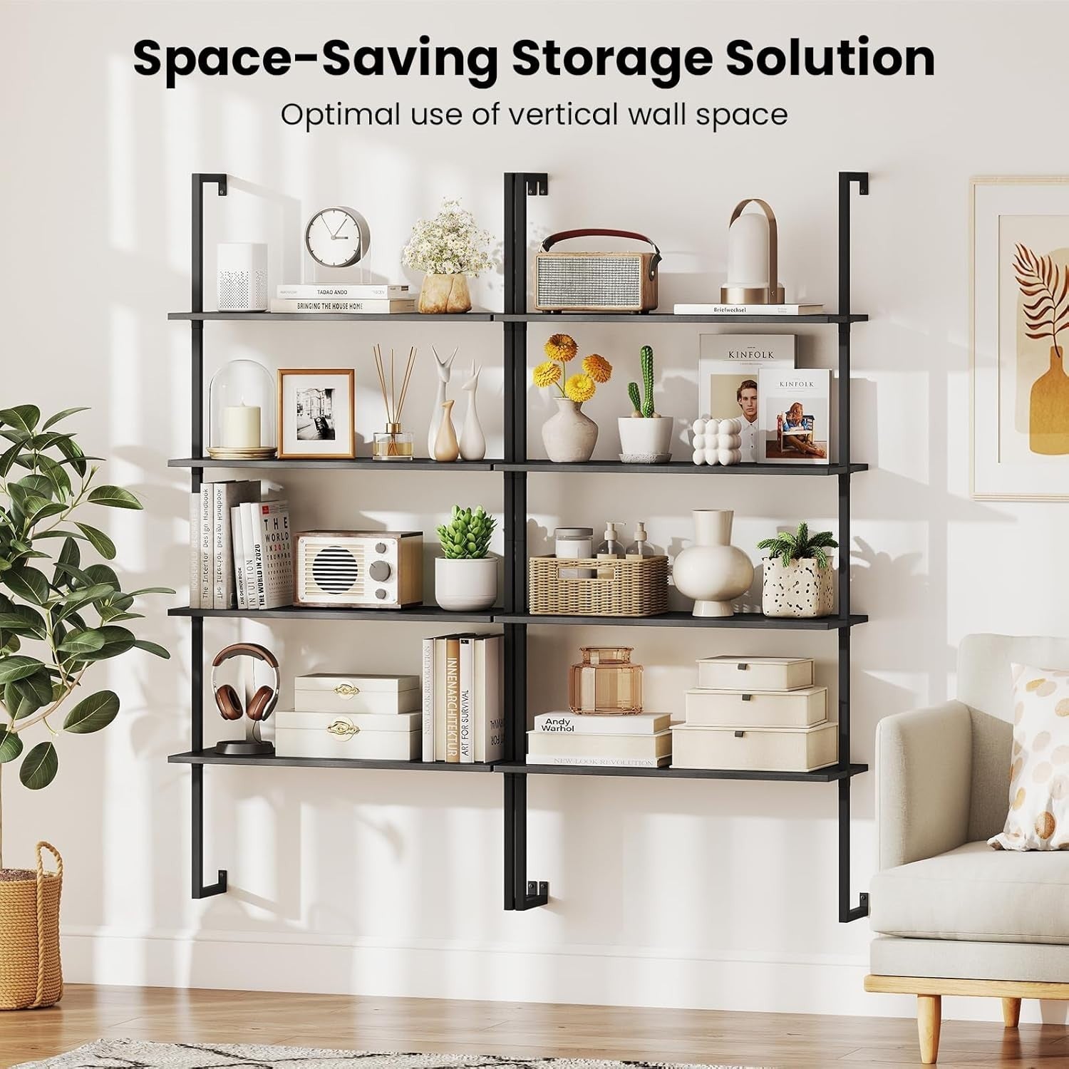 4 Tier Ladder Shelf Wall Mounted Bookcase Metal Frame Storage Rack