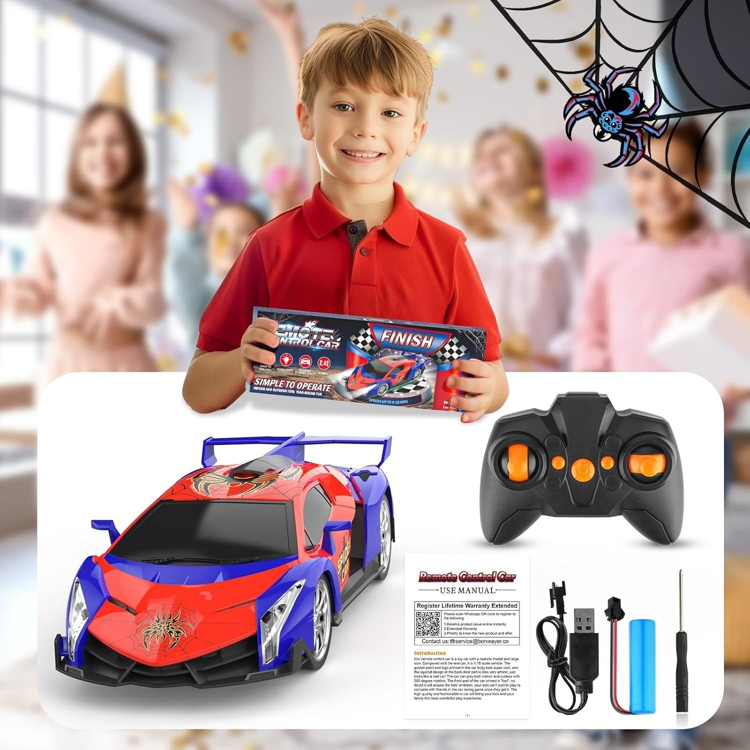 Spider Remote Control Car 1:18 2.4GHz Rechargeable Racing RC Toy Kids 3+