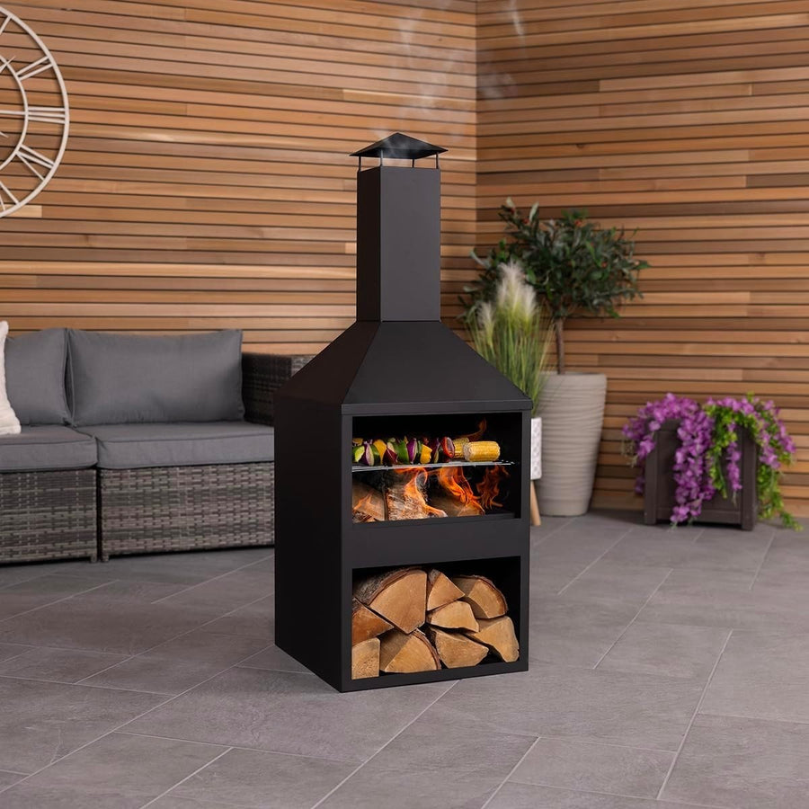 Outdoor Steel Chiminea Patio Heater with Log Storage & BBQ Grill 118cm Black