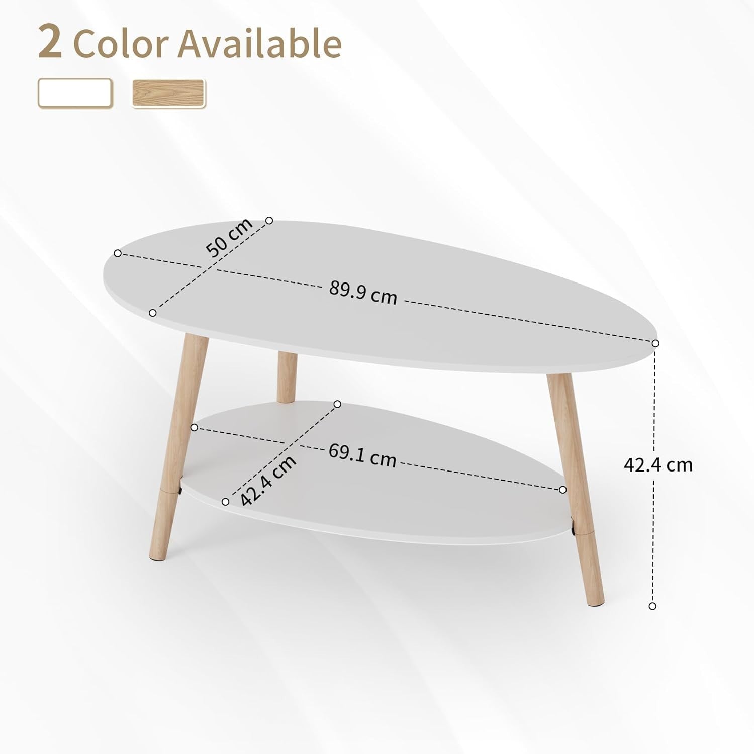 Modern Oval Coffee Table White 2-Tier Storage 90x50cm Small Space Table