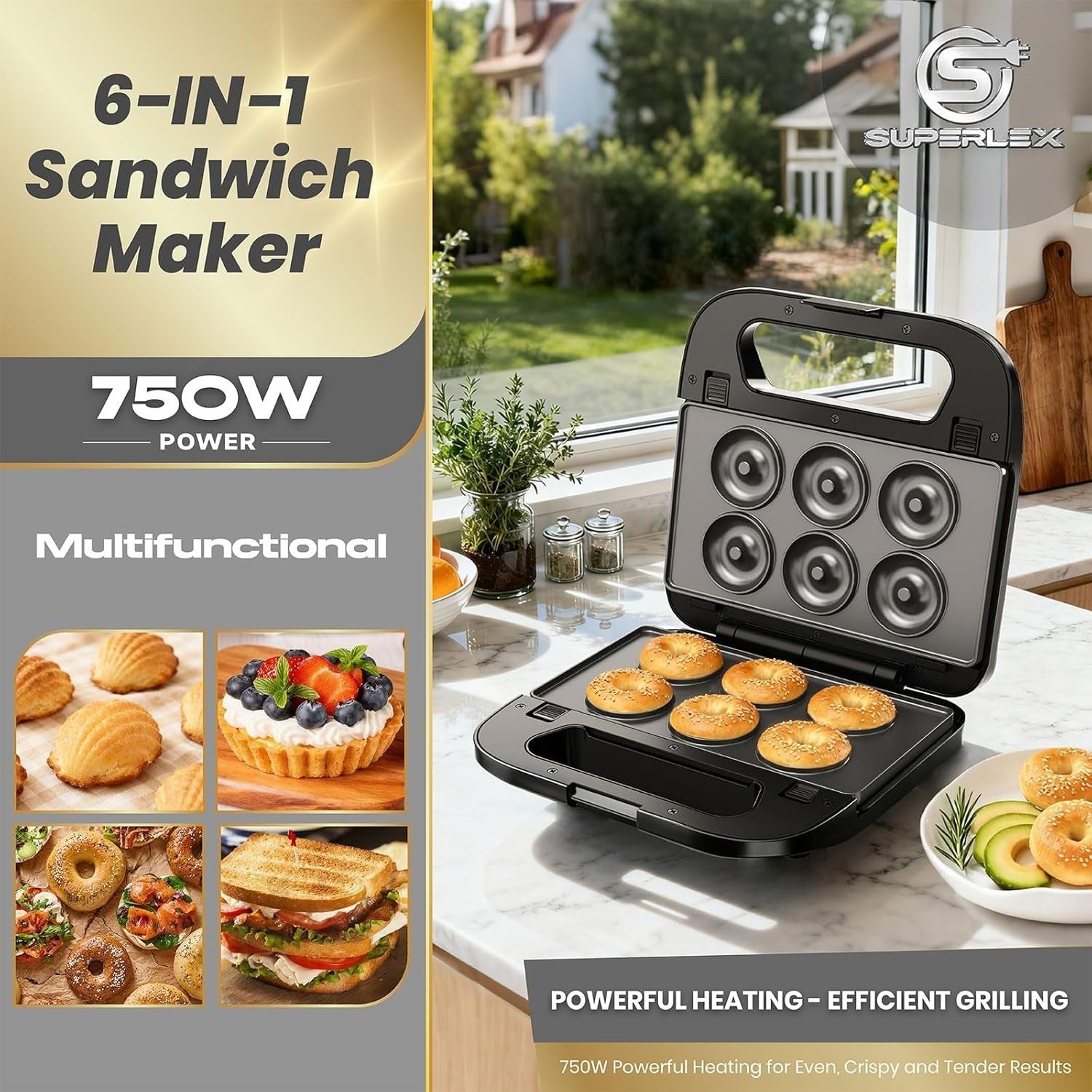 6-in-1 Sandwich Maker 37x38x17cm Non-Stick Plates Waffle Panini Donut Grill