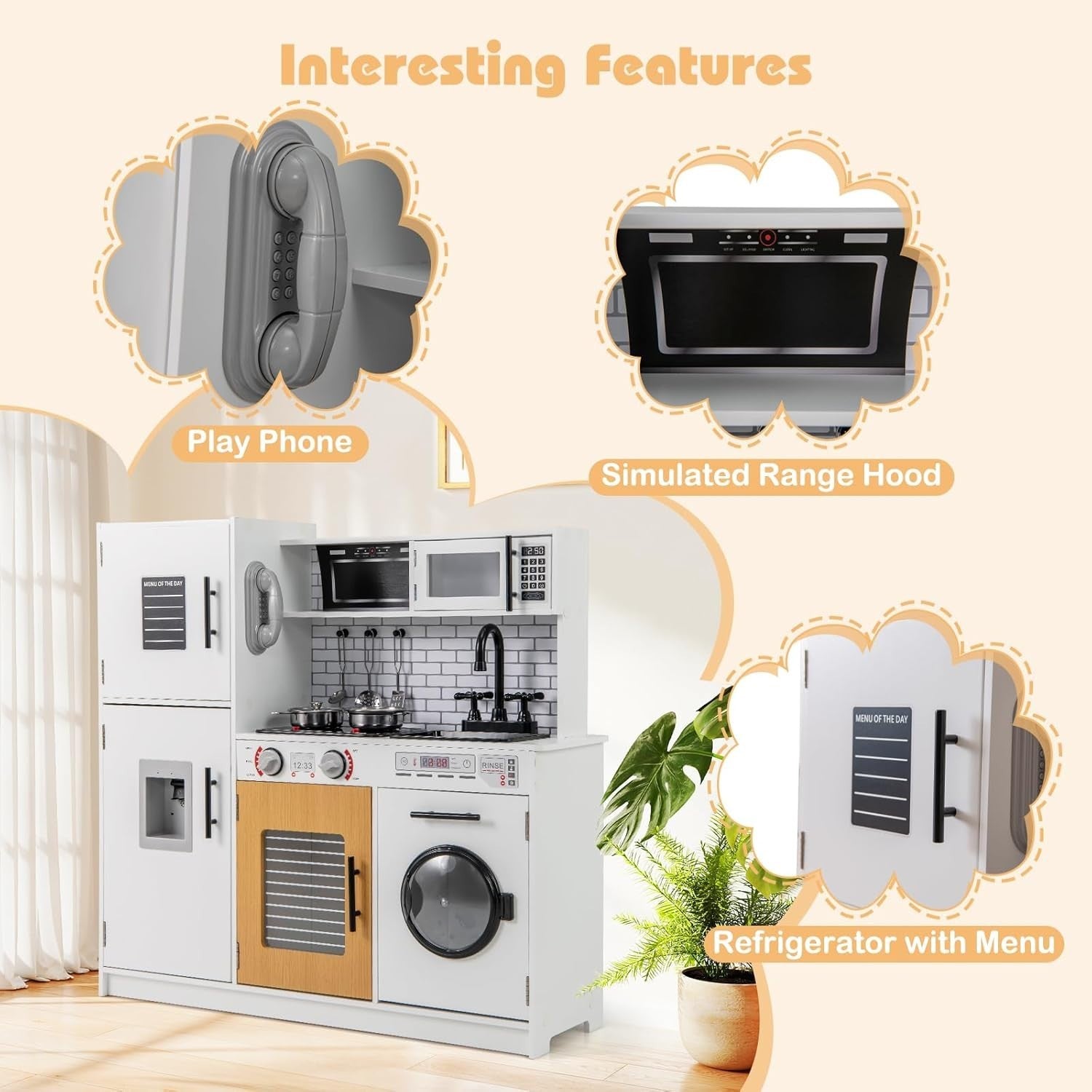 Kids Wooden Play Kitchen Lights Sounds Washing Machine White Toy