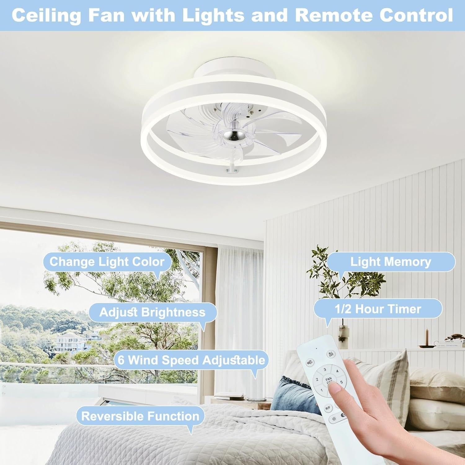 RIYNFO 16" Ceiling Fan, 6 Speeds, Dimmable 3CCT LED, Remote, Reversible