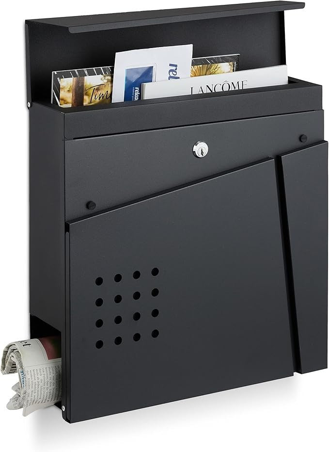 Wall Mounted Lockable Mailbox with Newspaper Holder – Modern Design, Black