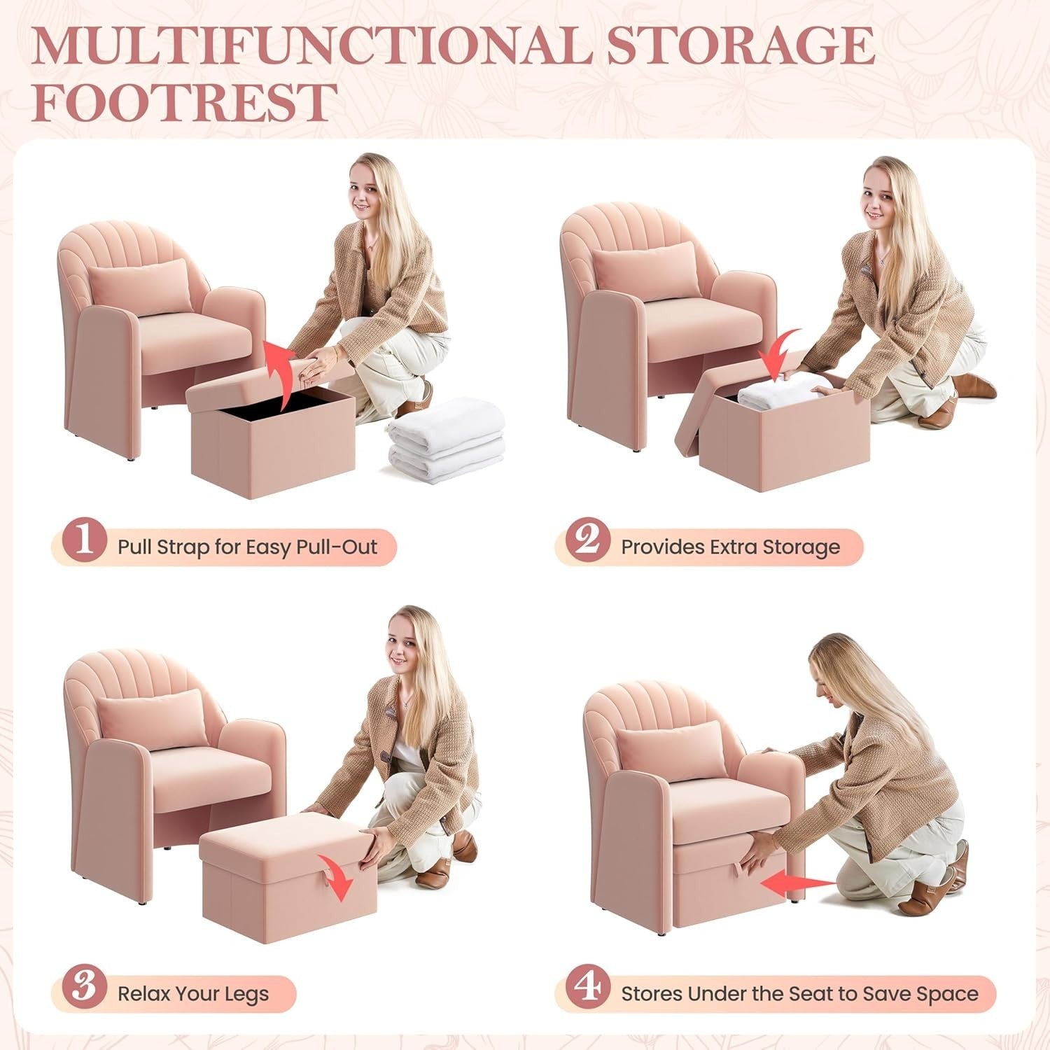 Pink Velvet Tub Chair with Storage Ottoman & Pull-Out Footrest | Compact Seat