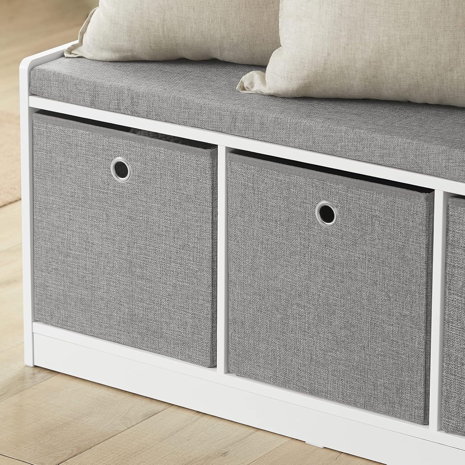 Modern Storage Bench with 3 Fabric Baskets & Cushion | Shoe Rack Cabinet