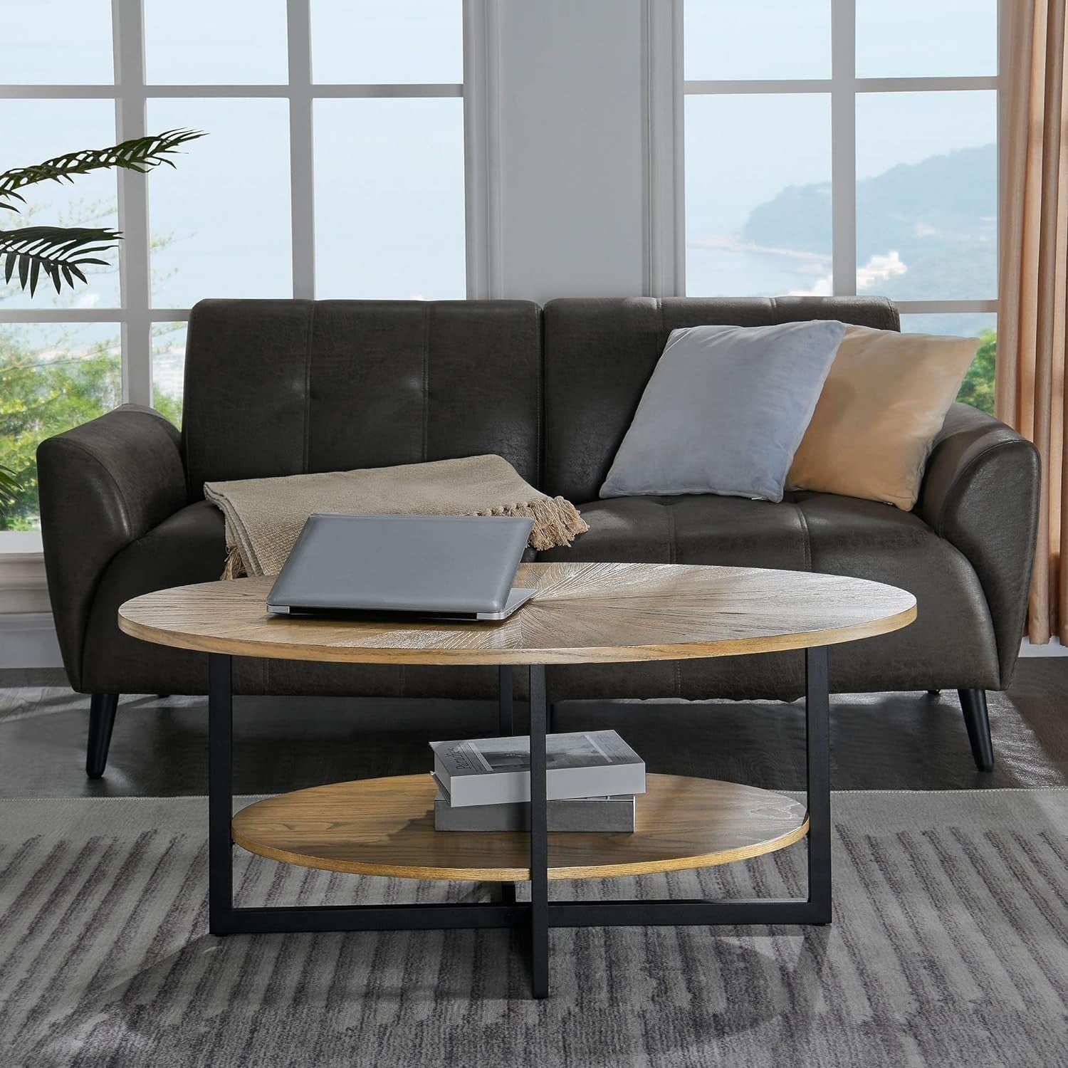 Rustic Brown Oval Coffee Table with Cross Metal Legs & 2-Tier Shelf 110cm