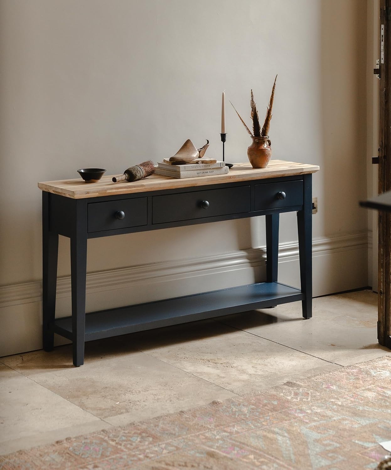 Navy Blue Console Table with Drawers & Shelf, Acacia Top, 143cm Wide