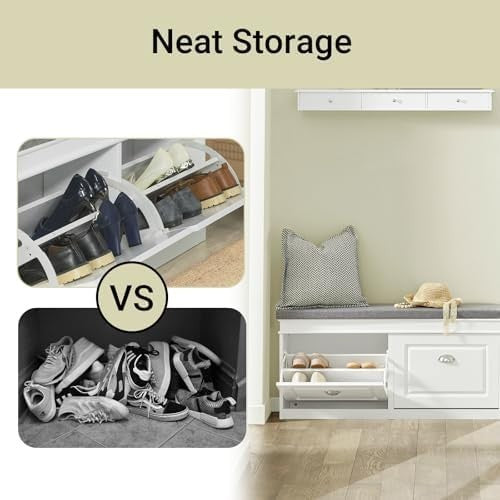 White Shoe Storage Bench with 2 Flip Drawers & Cushion – Modern Hallway Unit