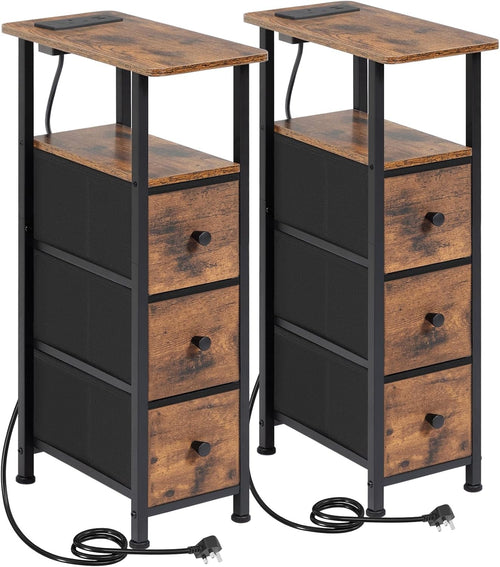 Slim Bedside Tables Set of 2 with Charging Ports, Storage Drawers & Shelf