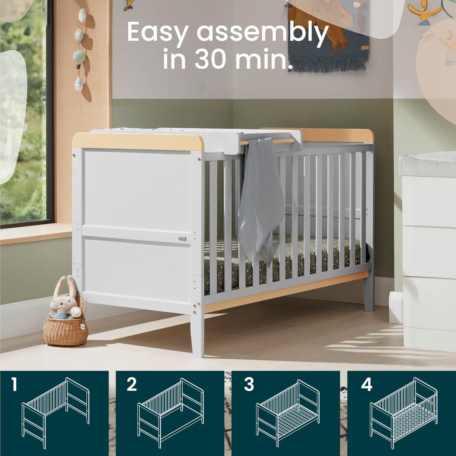 3in1 Mini Cot Bed with Drawer Toddler Sofa Adjustable Height Wooden Frame Dove