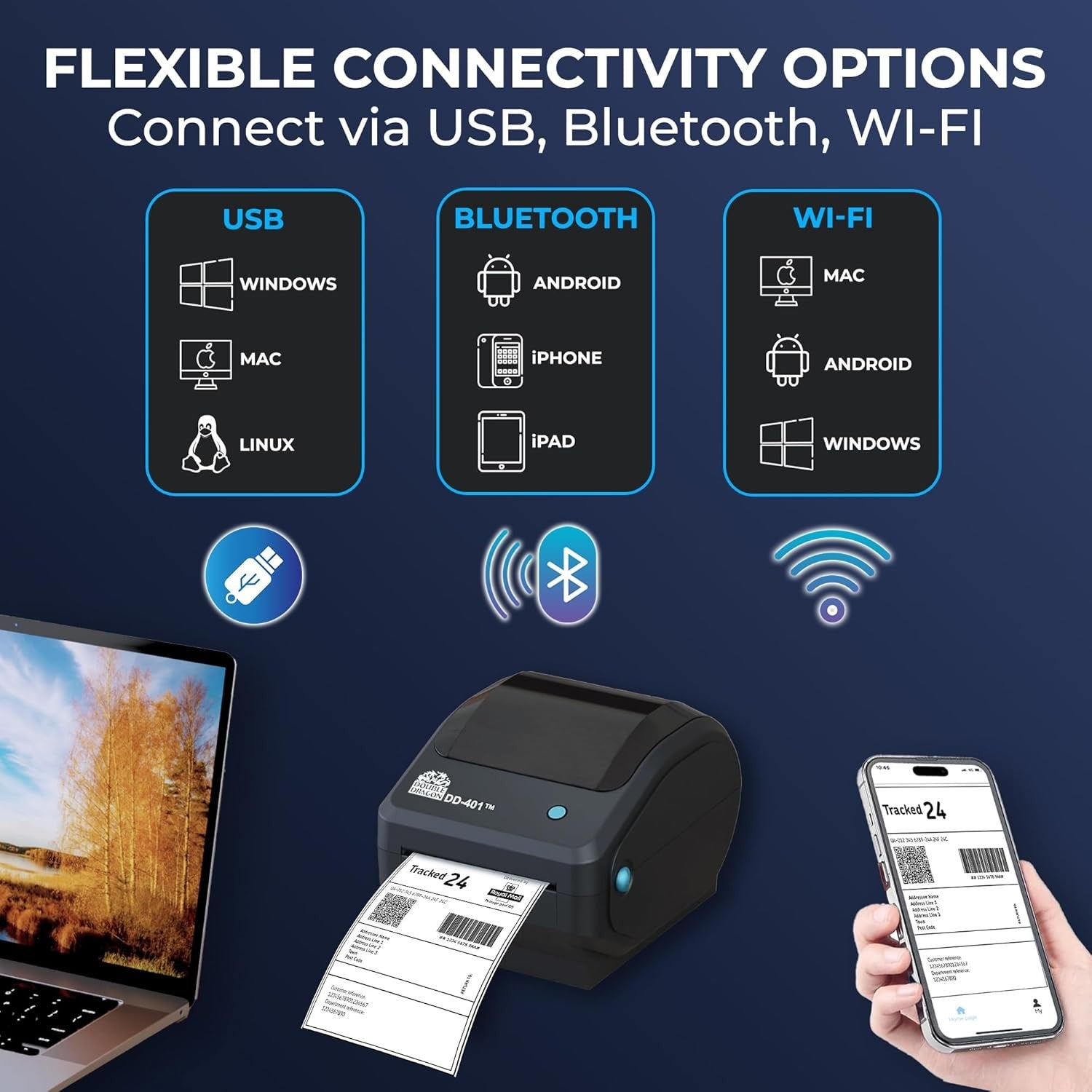 4” Thermal Label Printer 203DPI USB Bluetooth WiFi