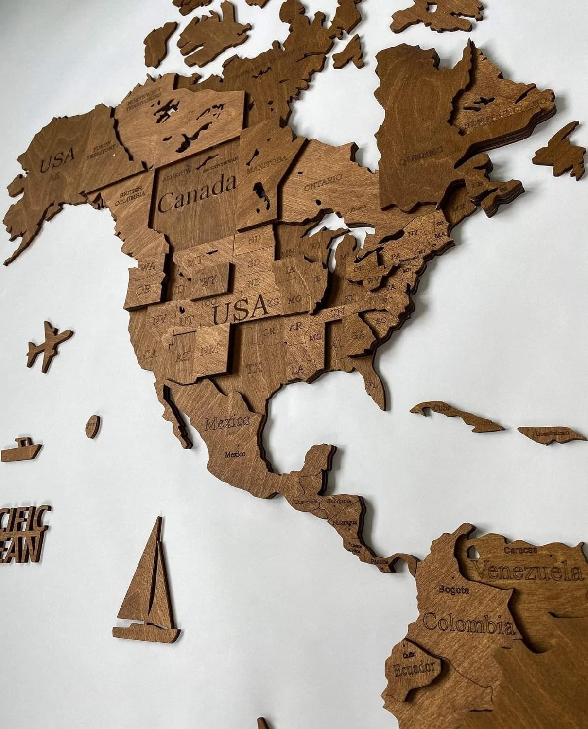 XL 3D Wooden World Map Wall Art Venge Travel Decor Home Office