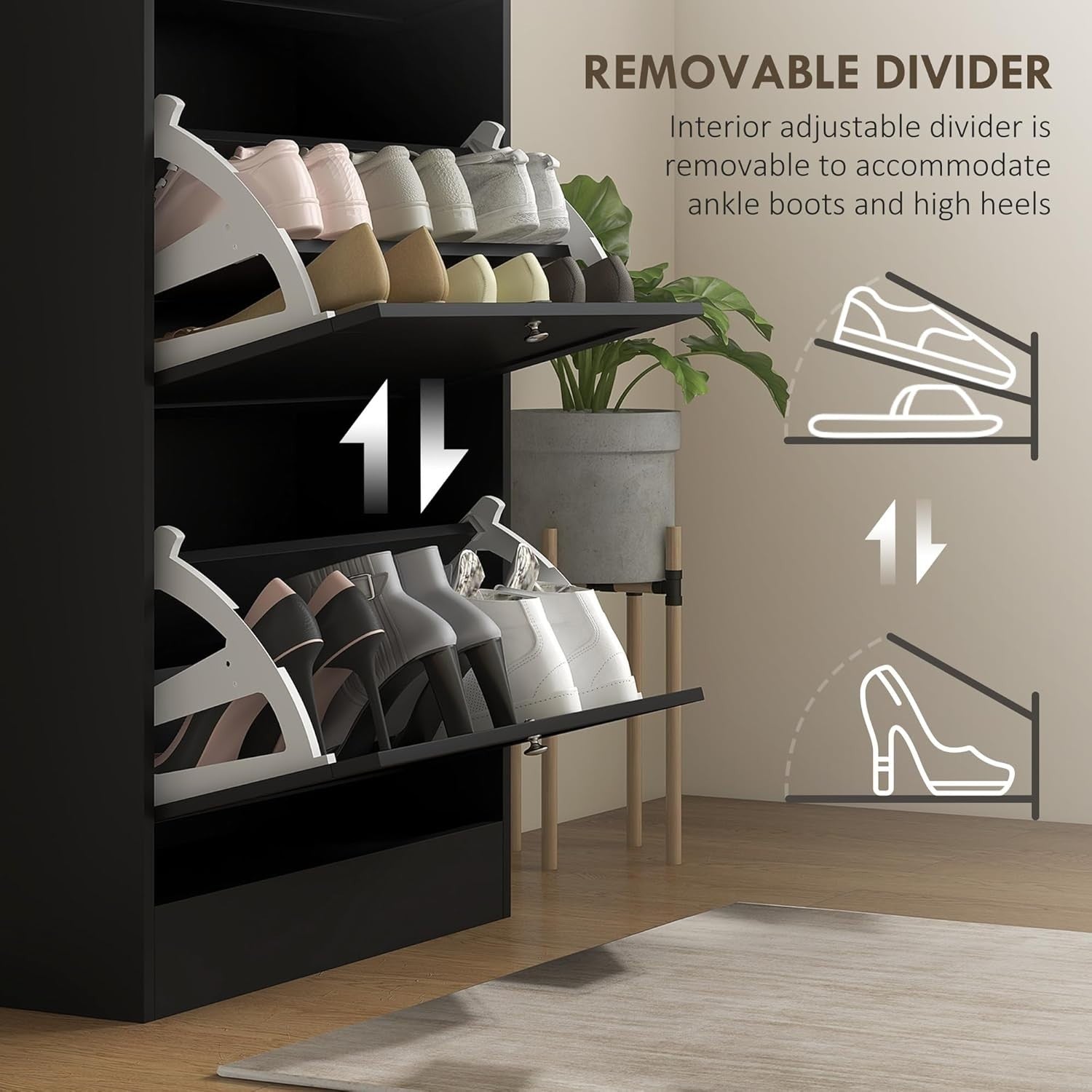 Slim Black Shoe Cabinet 3 Flip Drawers Adjustable Shelves Space Saving Rack
