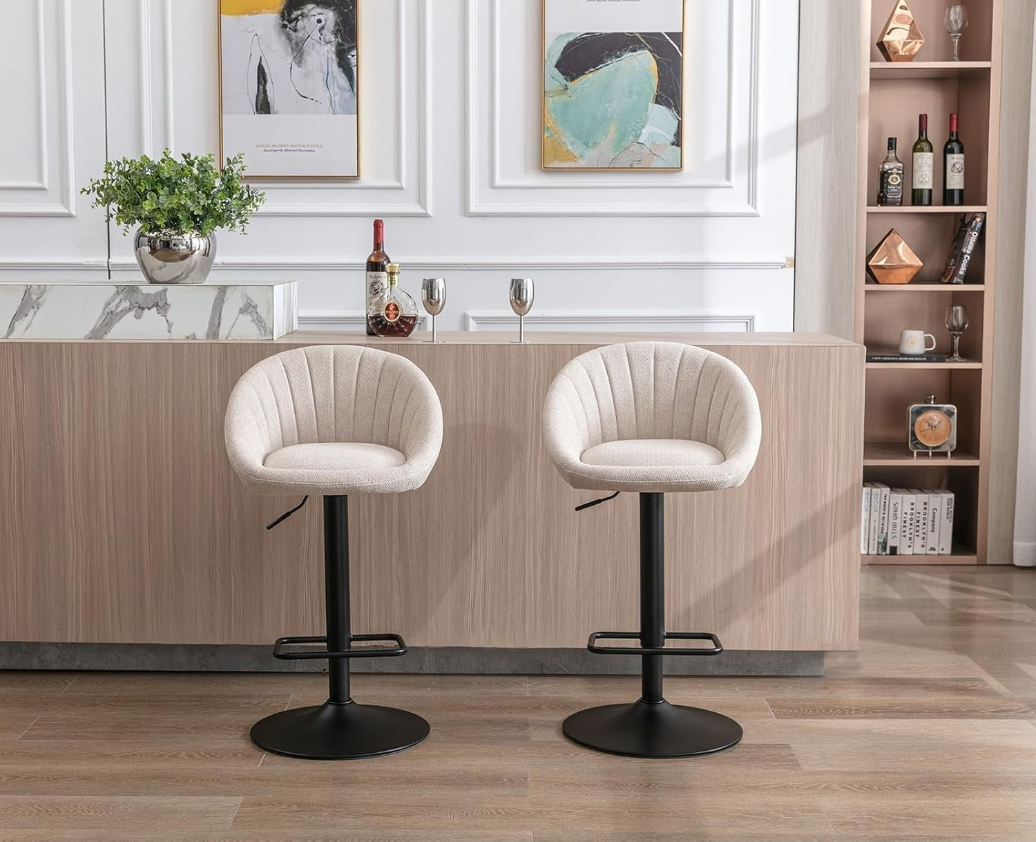Beige Modern L-Shaped Bar Stools Set of 6 – Comfortable Towel Fabric Seats