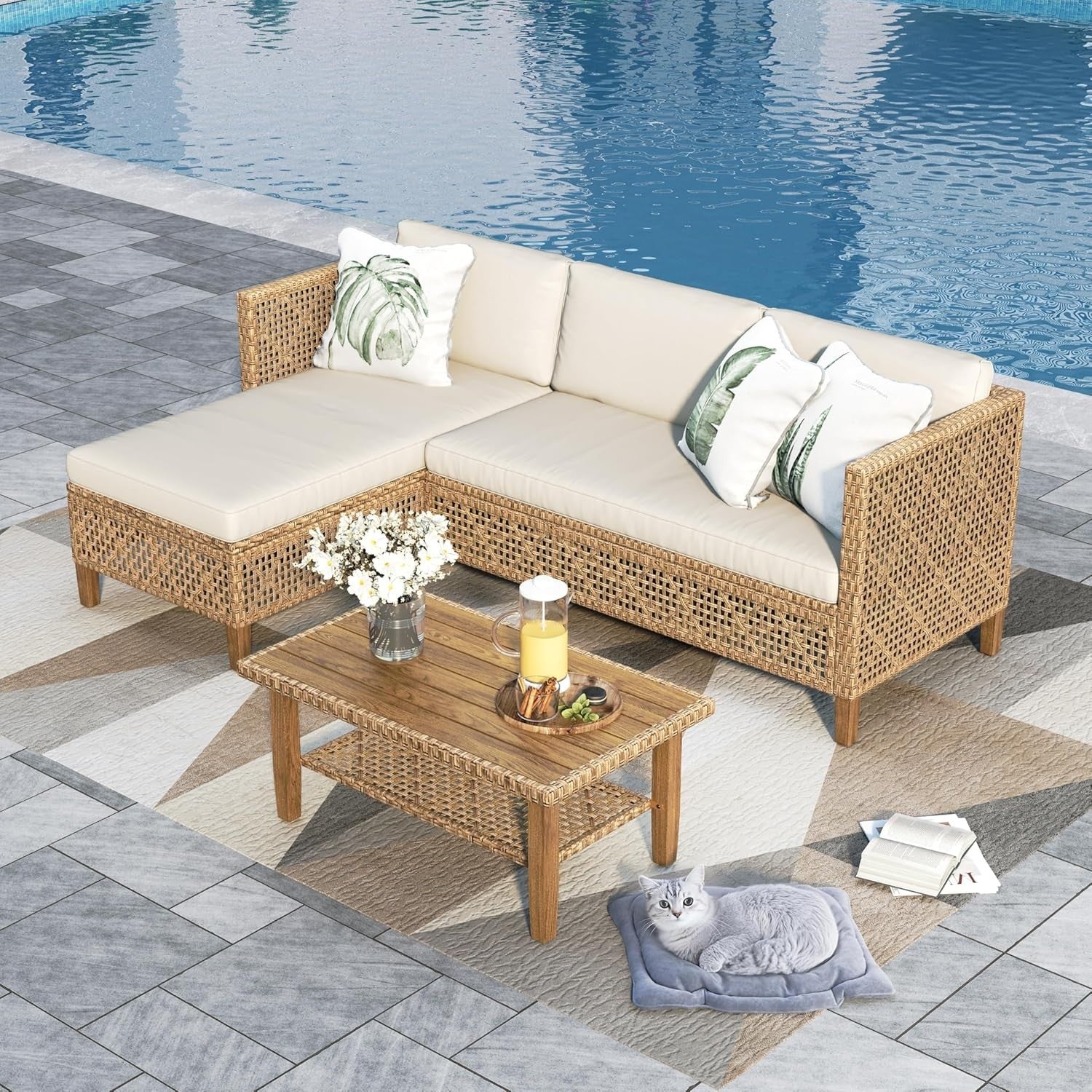 L-Shaped Rattan Garden Sofa Set Outdoor Patio Sectional with Coffee Table